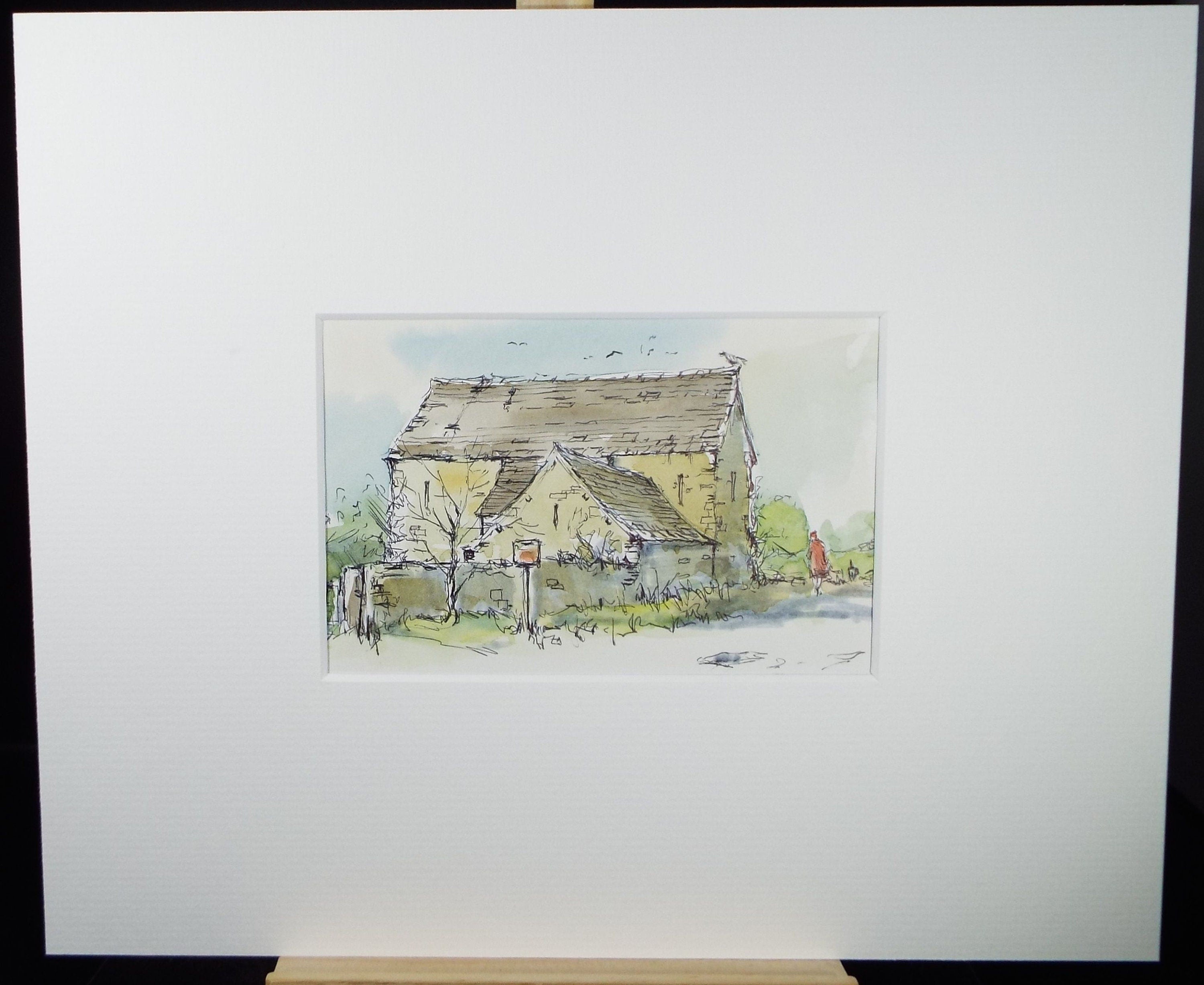 Original Watercolour & Ink, 'Tithe Barn, Cherry Orchard', Circa 1990's, Artist Unknown