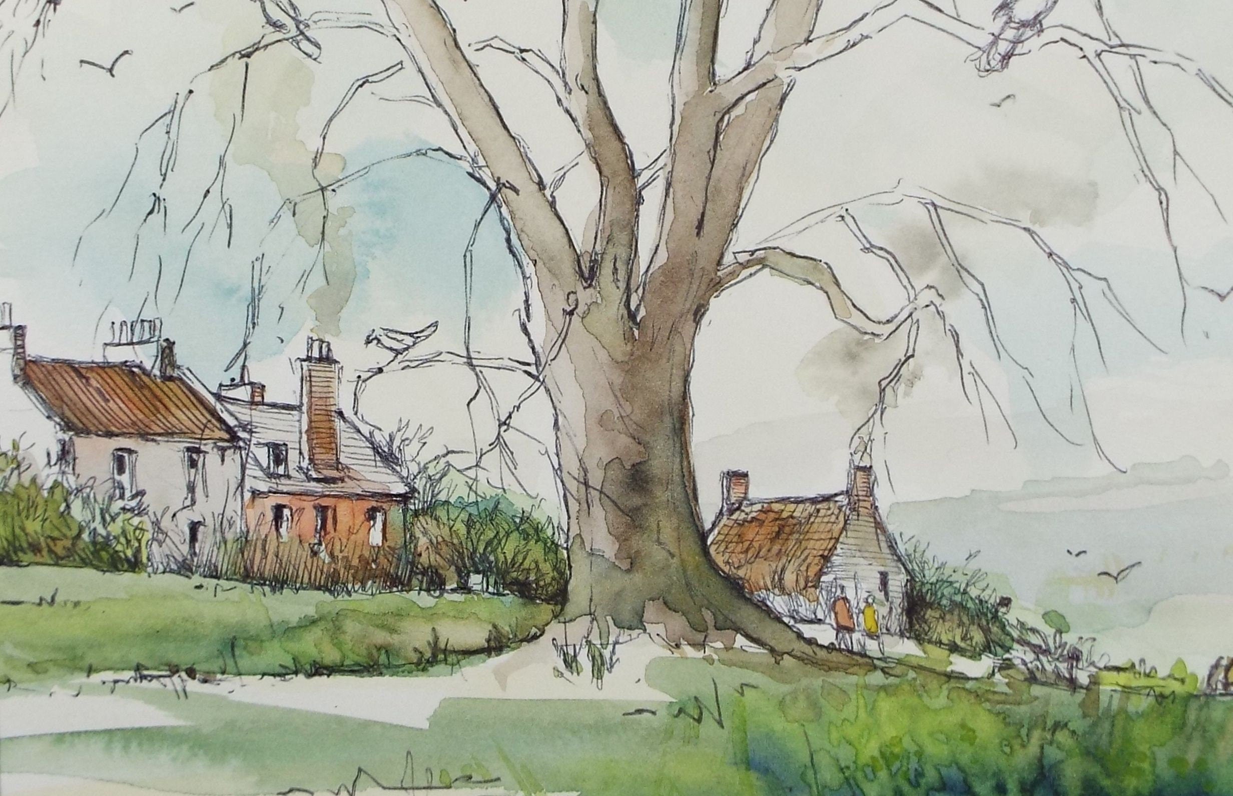 Original Watercolour & Ink, 'Tree and Cottages', Circa 1990's, Artist Unknown