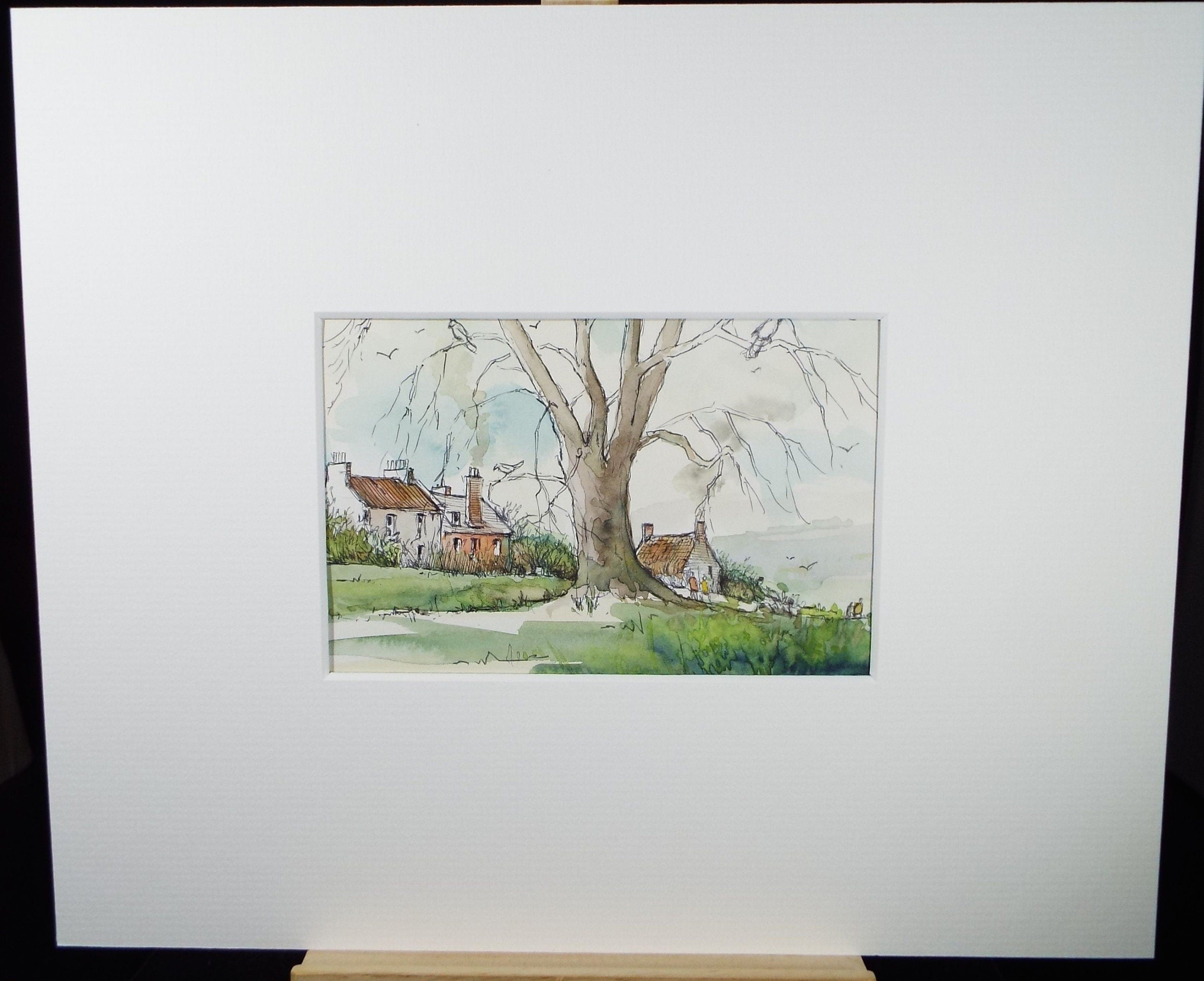 Original Watercolour & Ink, 'Tree and Cottages', Circa 1990's, Artist Unknown