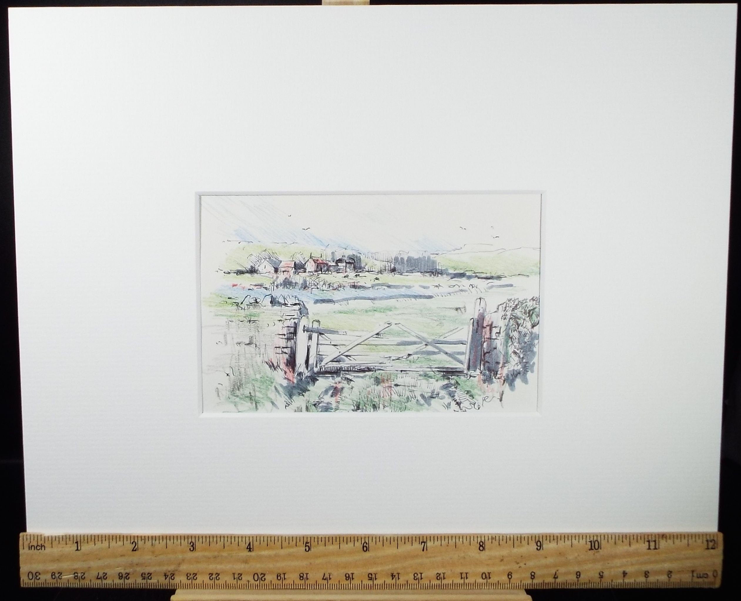 Original Watercolour & Ink, 'Field Gate, Farm Beyond', Dated 1994, Artist Unknown