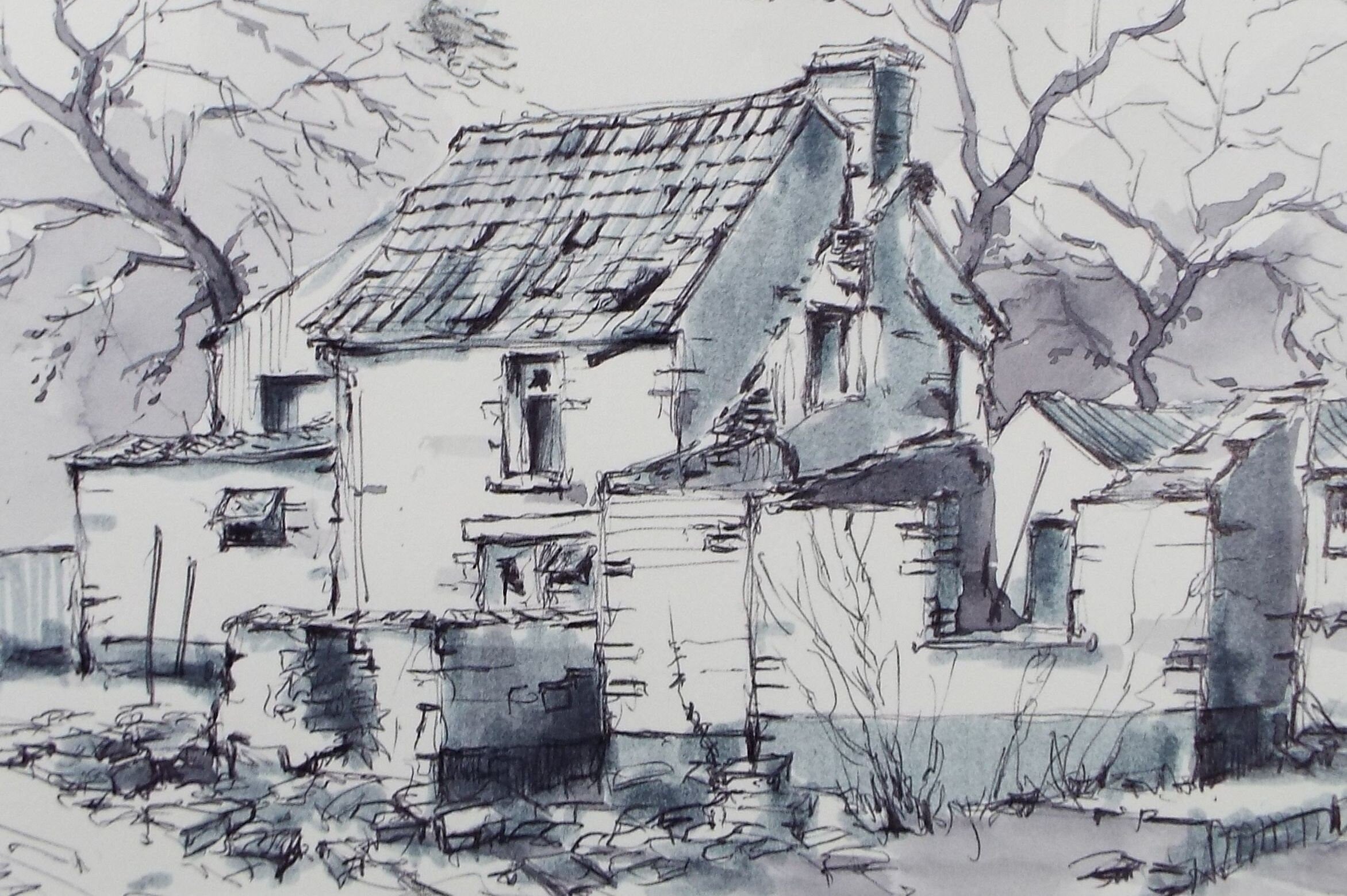 Original Watercolour & Ink, 'Dilapidated Cottage', Dated 1996, Artist Unknown