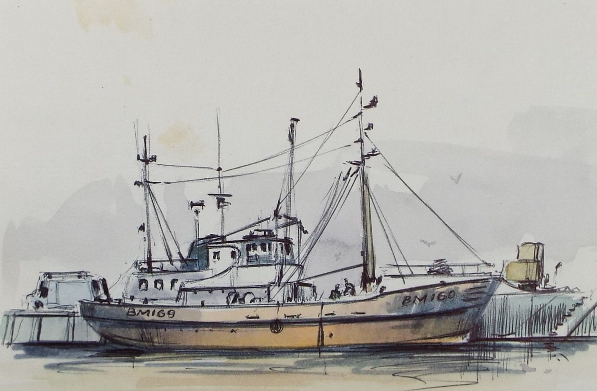 Original Watercolour & Ink, 'Rusty Trawler, Brixham', Dated 1993,  Artist Unknown