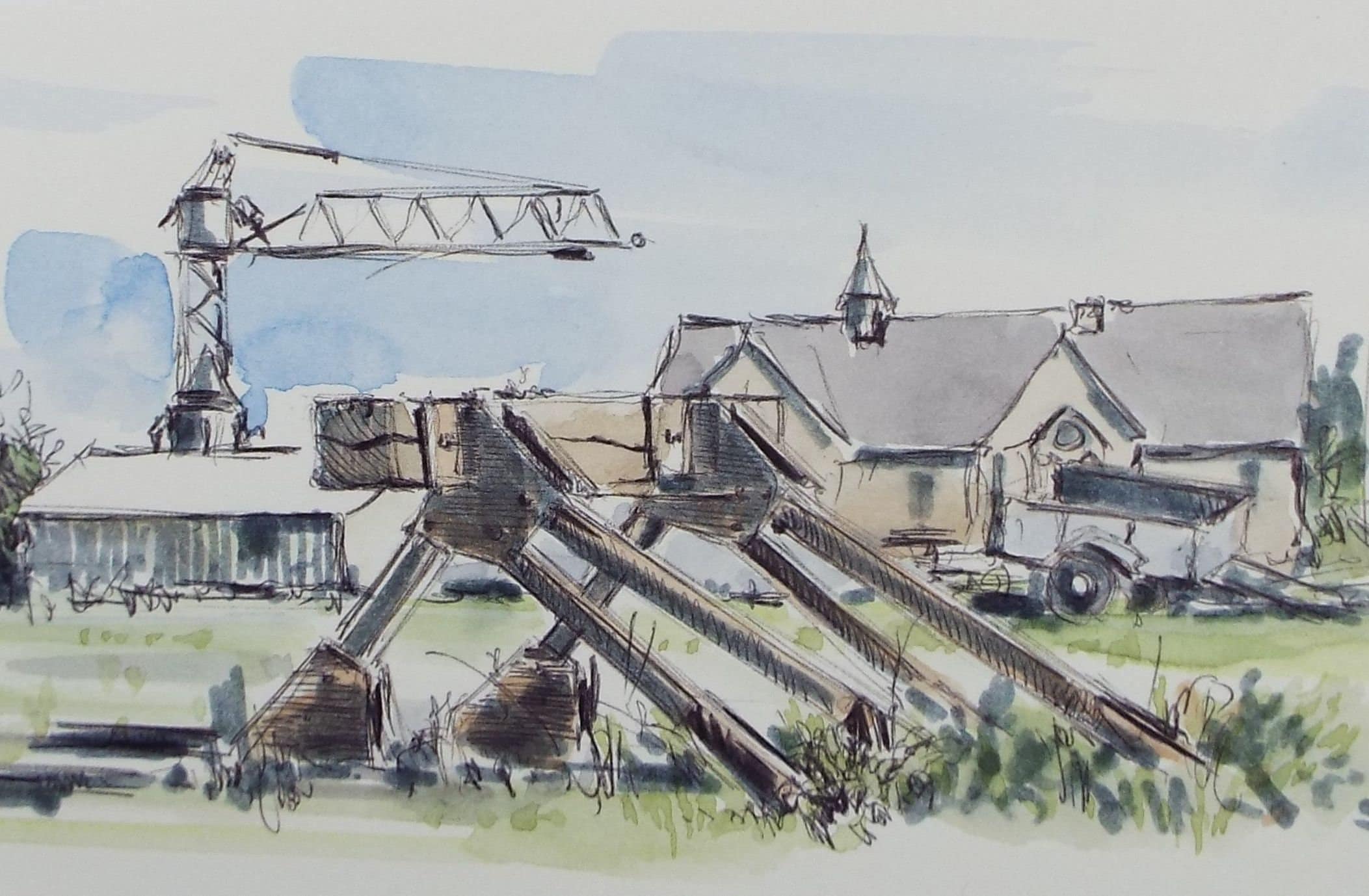 Original Watercolour & Ink, 'Old School and Siding Buffers - Sharpness', Dated 1995,  Artist Unknown