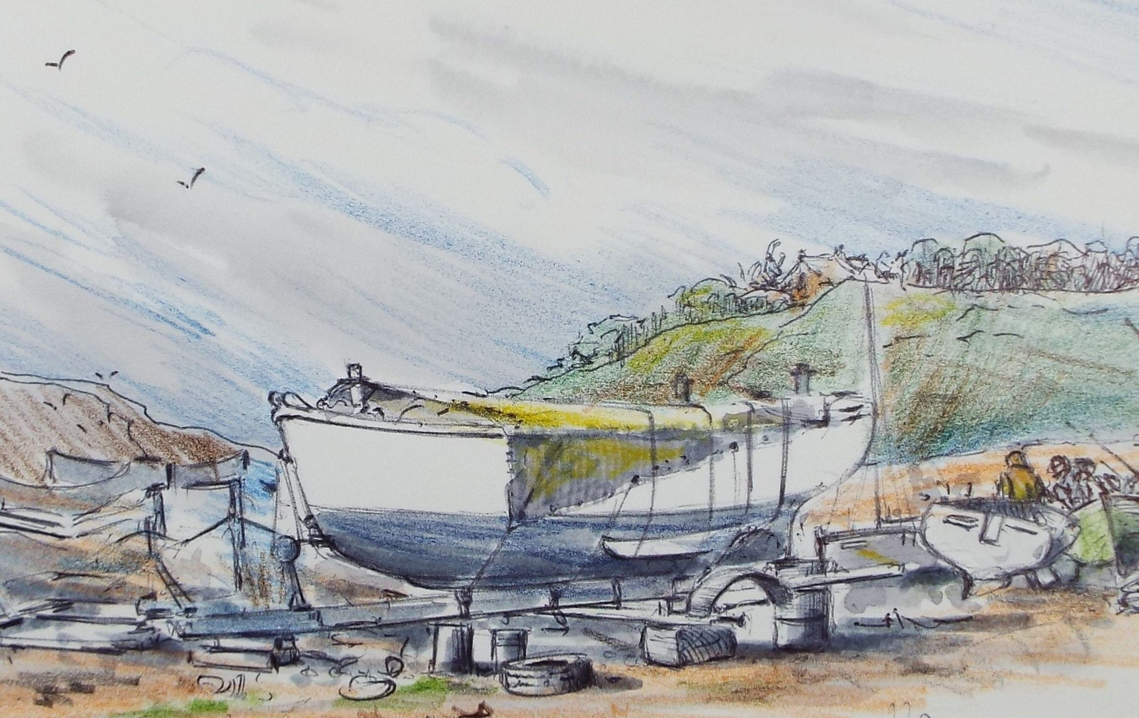 Original Watercolour & Ink, 'Boats Ashore', Circa 1990's,  Artist Unknown