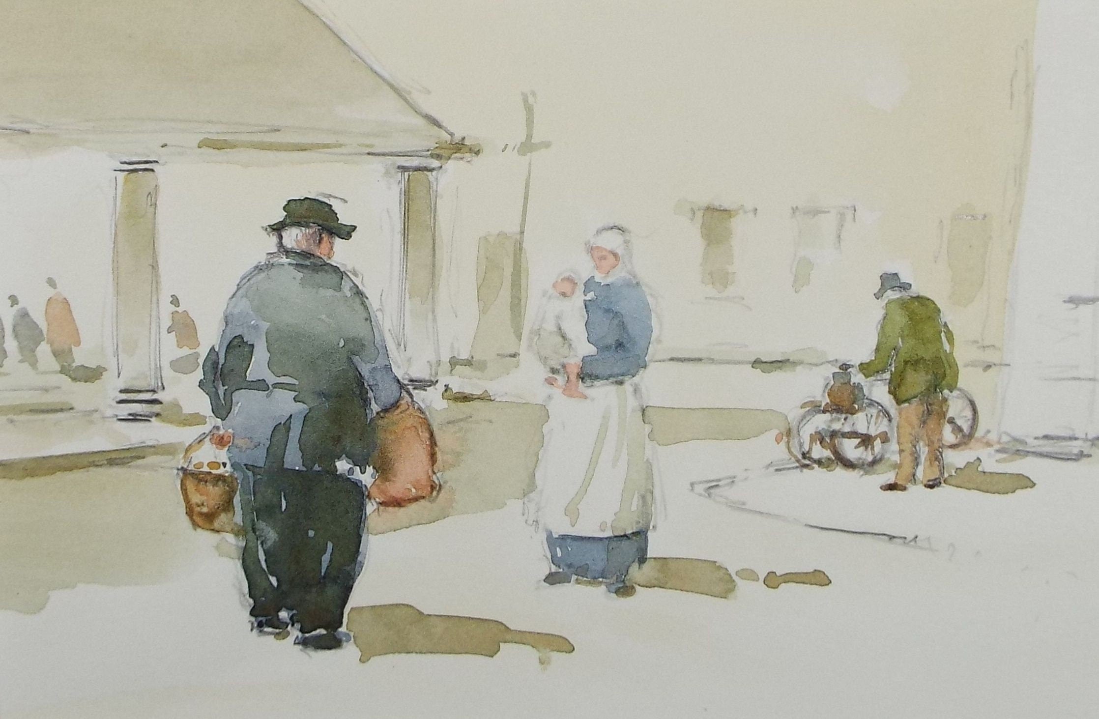 Original Watercolour & Ink, 'Figures in the Street', Circa 1990's,  Artist Unknown