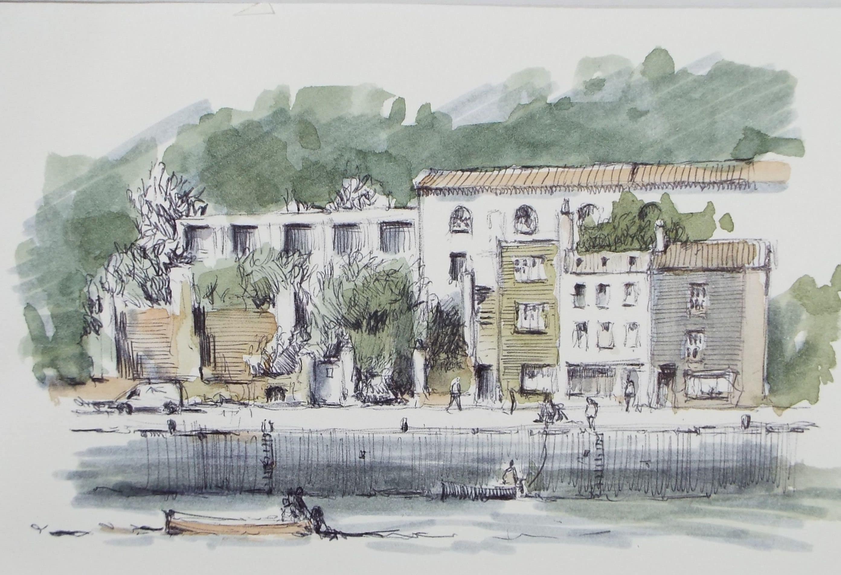 Original Watercolour & Ink, 'Quayside', Circa 1990's,  Artist Unknown