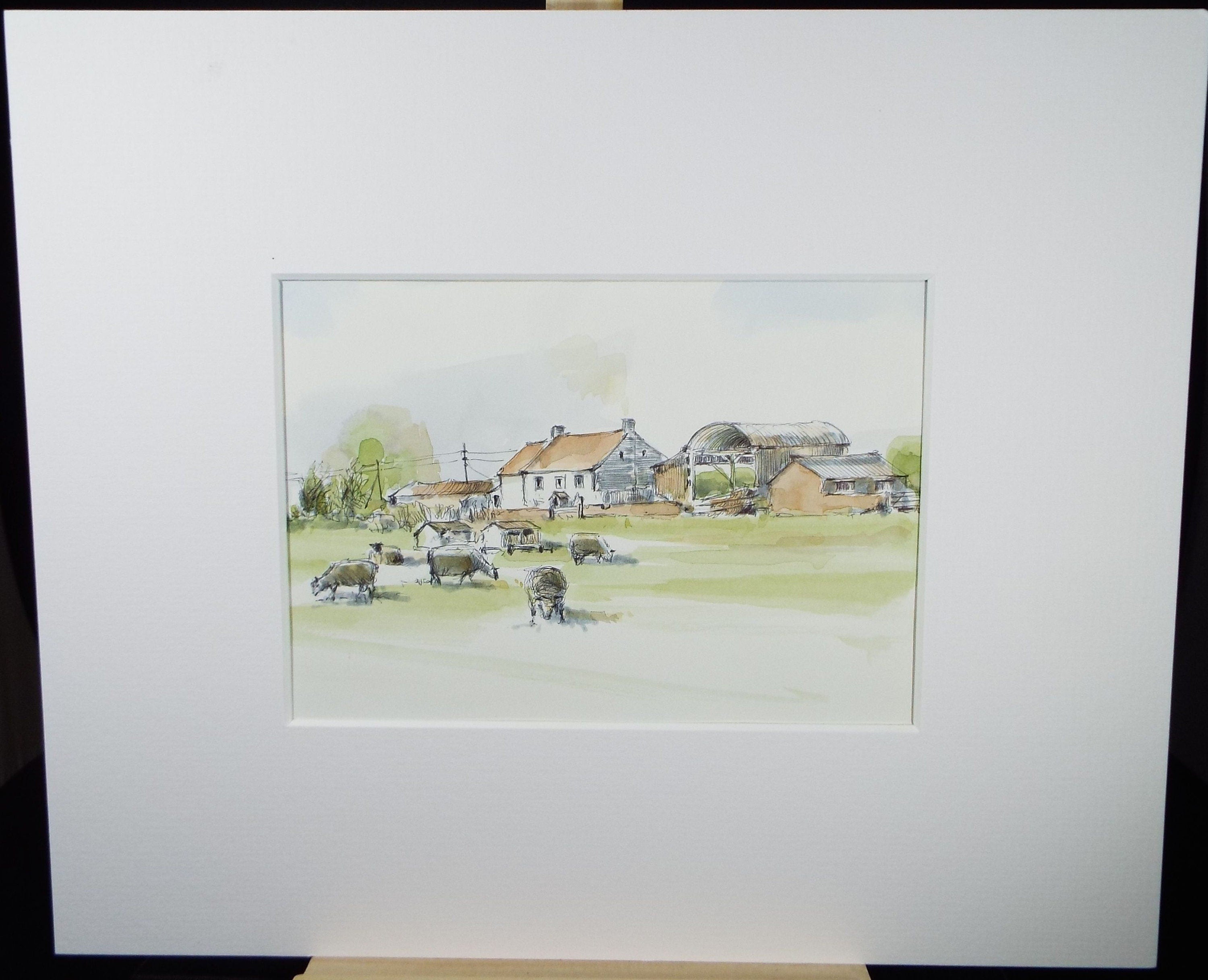 Original Watercolour & Ink, 'Sheep with Farm Buildings', Circa 1990's ,  Artist Unknown