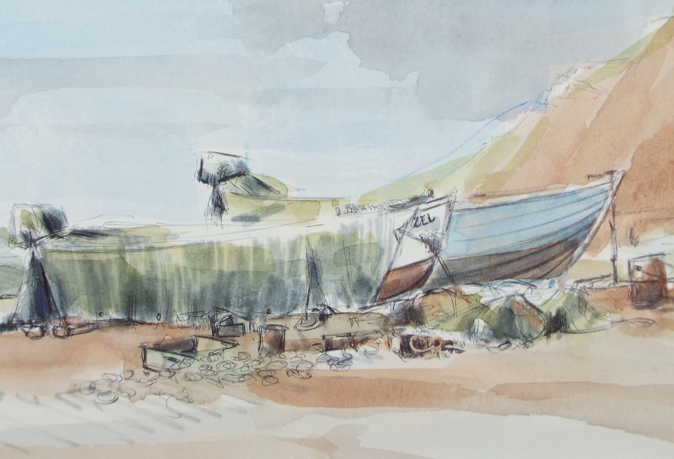 Original Watercolour & Ink, 'Boats on the Shore', Circa 1990's, Artist Unknown