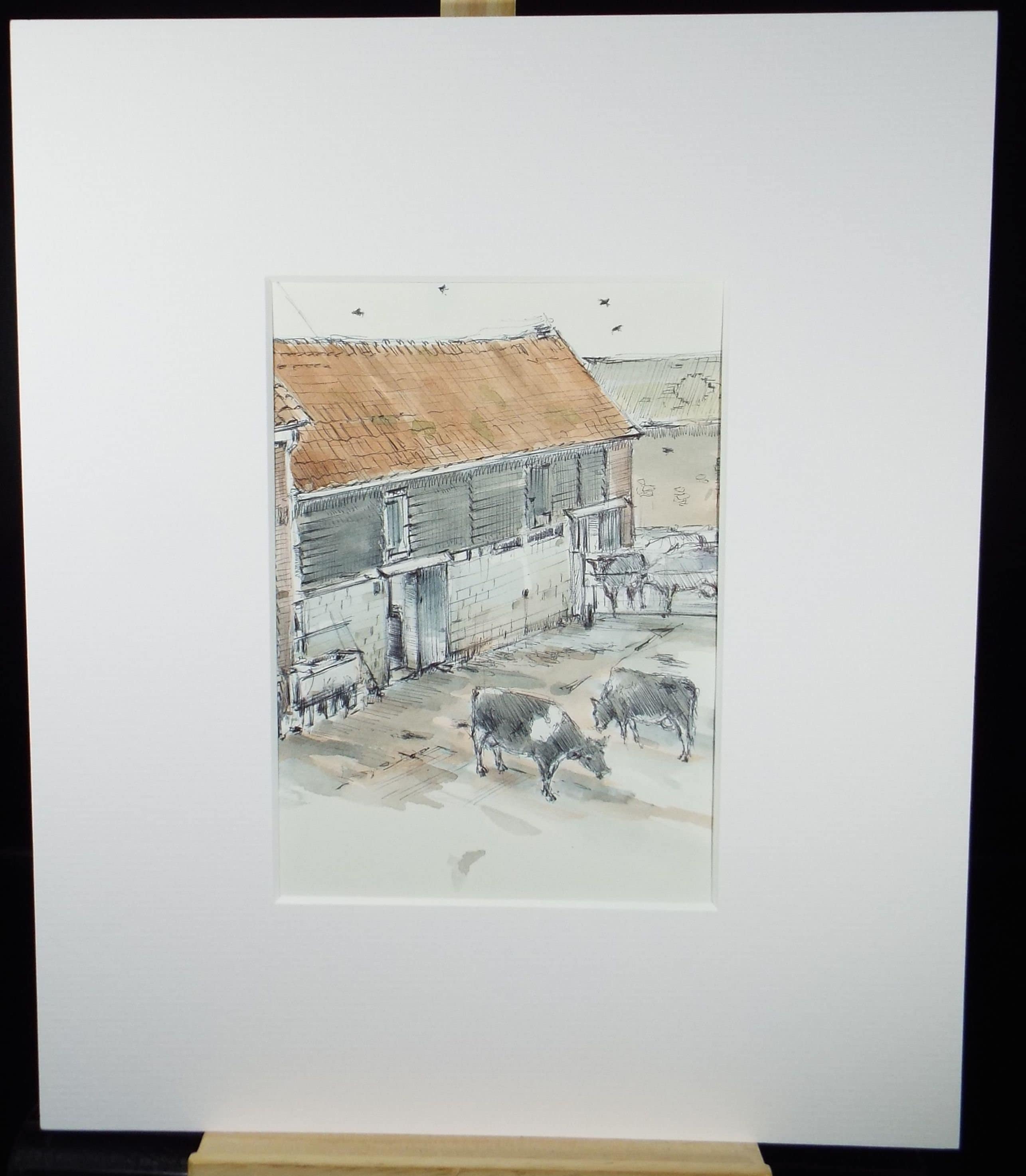 Original Watercolour & Ink, 'Cows with Farm Buildings', Circa 1990's, Artist Unknown