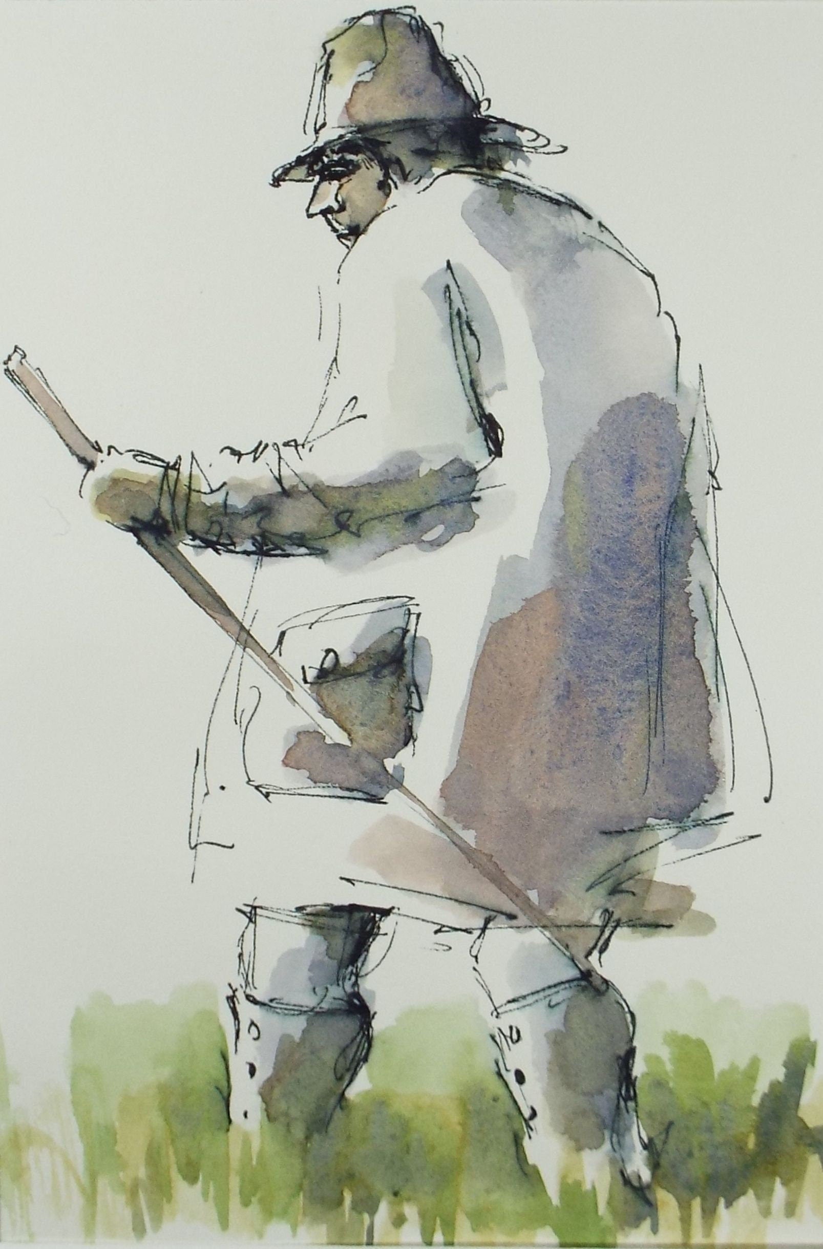 Original Watercolour & Ink, 'Farmer in his Field', Circa 1990's, Artist Unknown