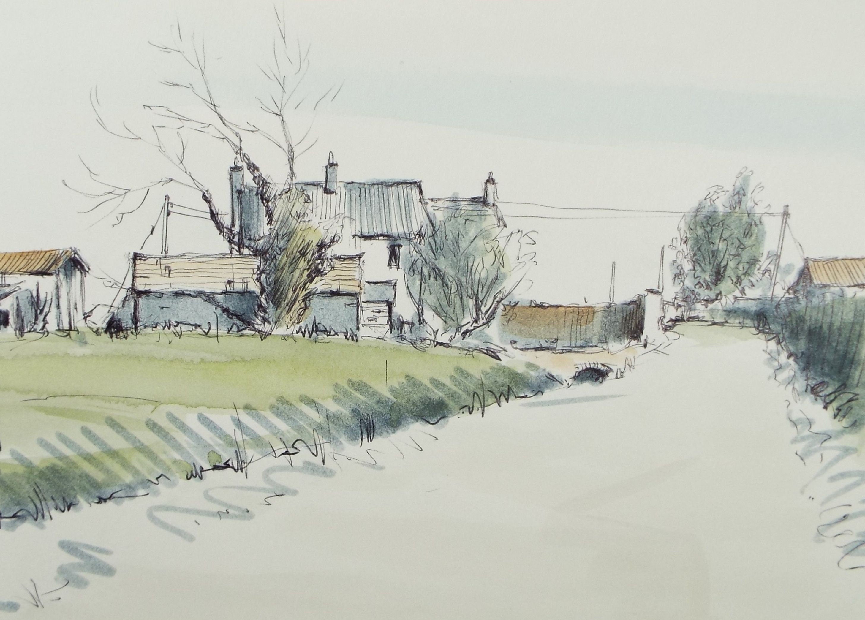 Original Watercolour & Ink, 'Lane with Farm Buildings', Dated 1996, Artist Unknown