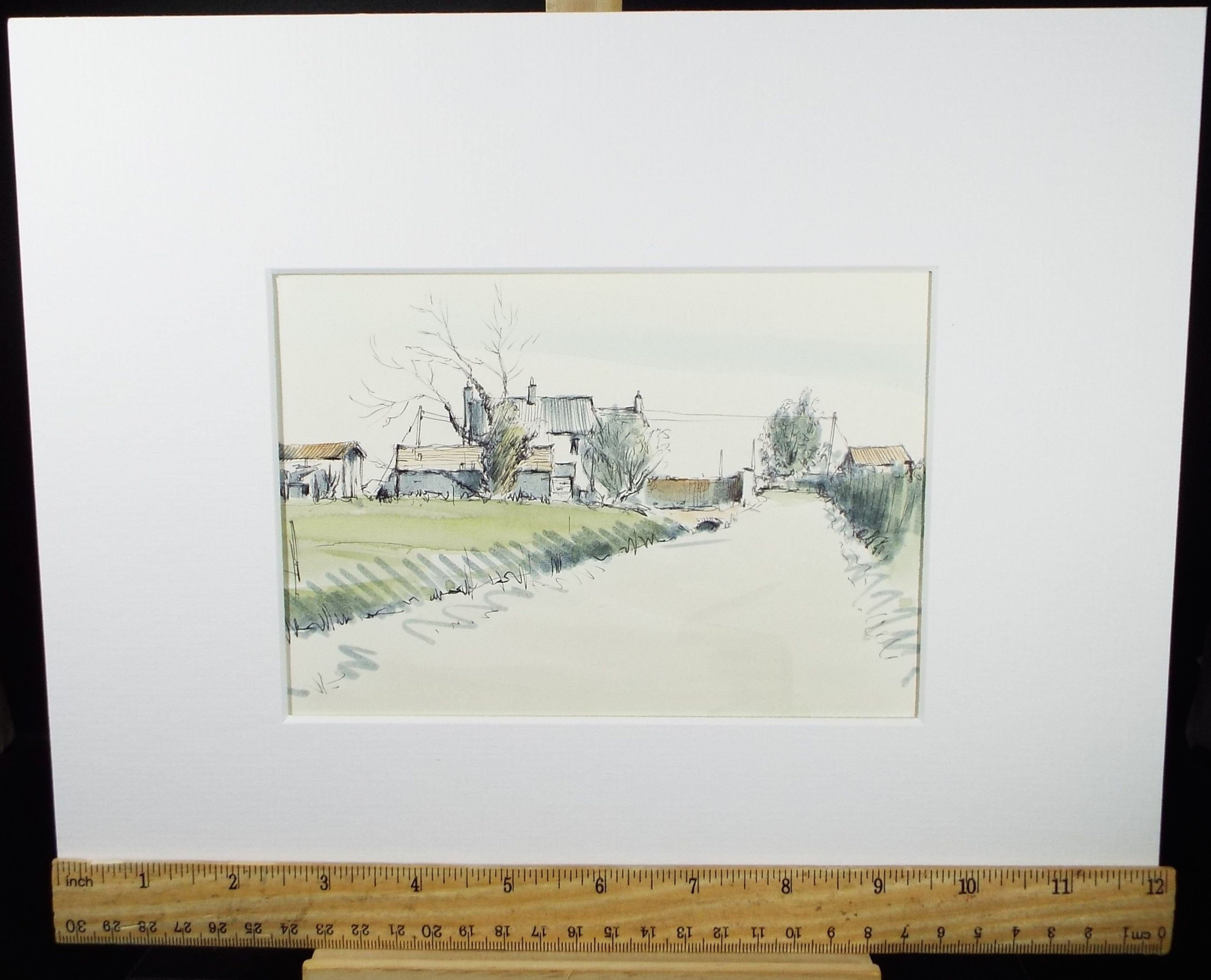 Original Watercolour & Ink, 'Lane with Farm Buildings', Dated 1996, Artist Unknown