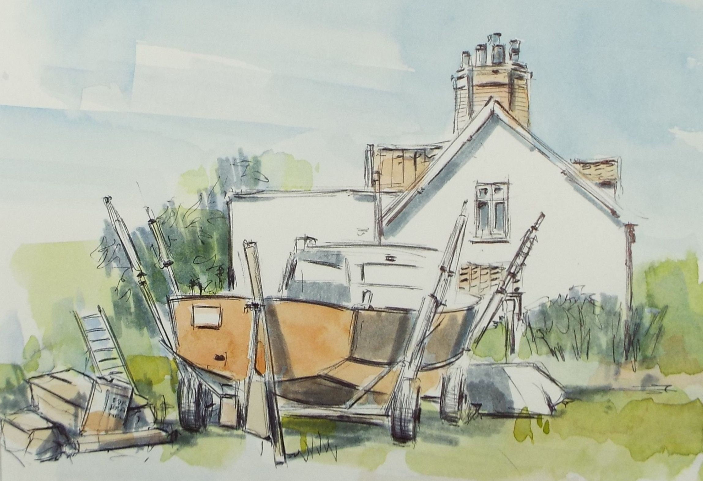 Original Watercolour & Ink, 'Fishing Boat', Circa 1990's, Artist Unknown