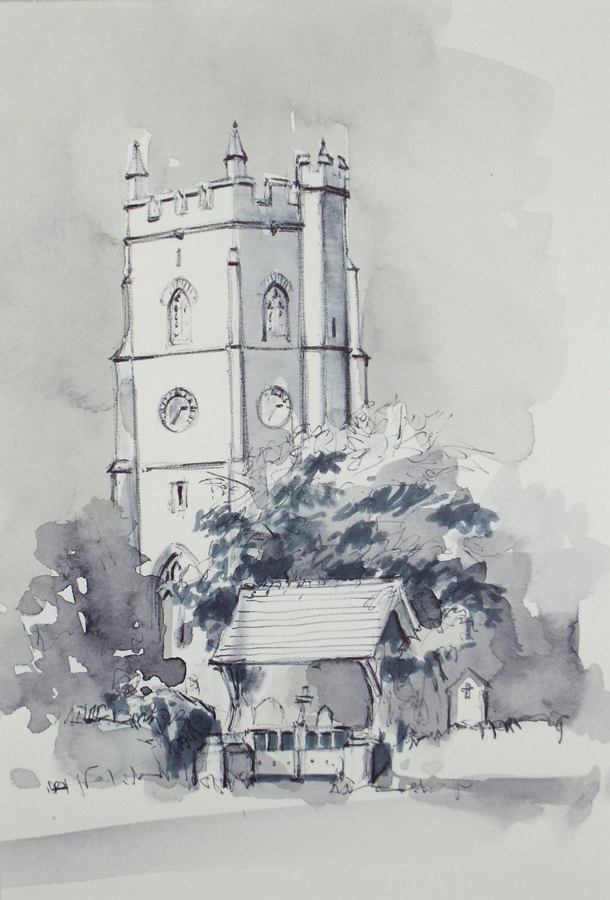 Original Watercolour & Ink, 'Church', Dated 1993, Artist Unknown