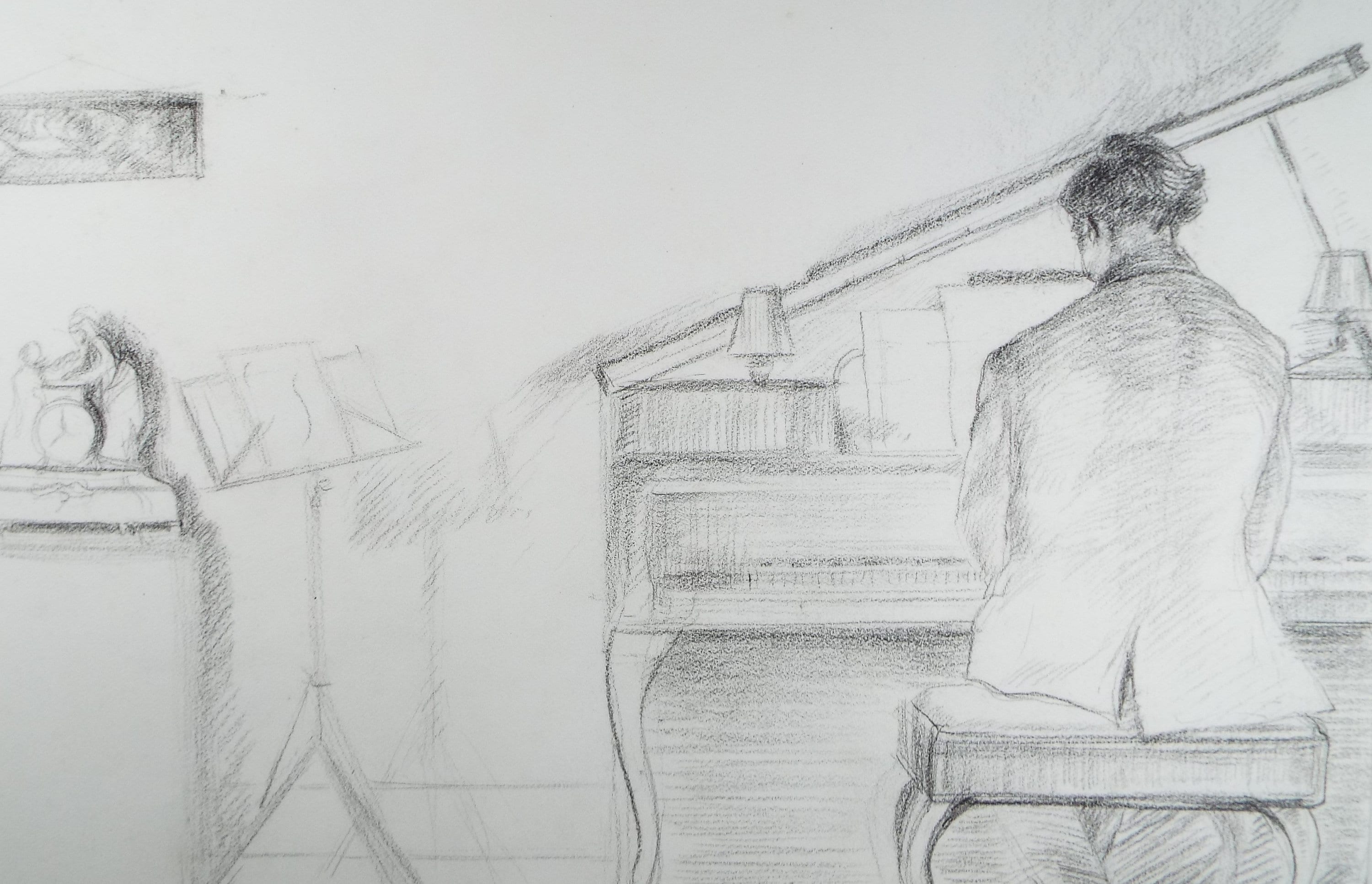 Pencil Drawing , 'At the Piano', Circa 1980's, Thora Clyne (Scottish 1937-2021)