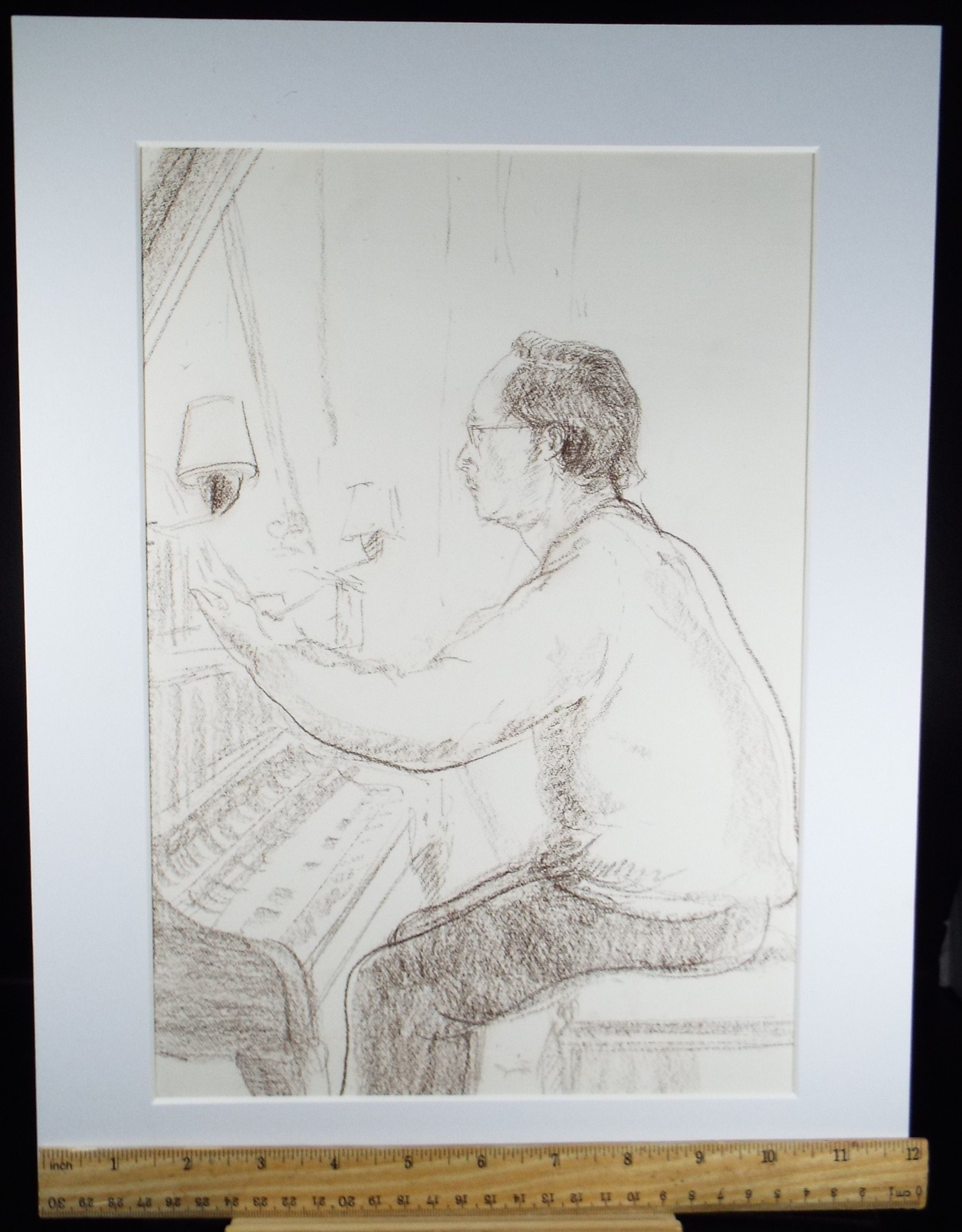 Pencil & Conte Drawing, ' Composing at the Piano', Circa 1980's, Thora Clyne (Scottish 1937-2021)