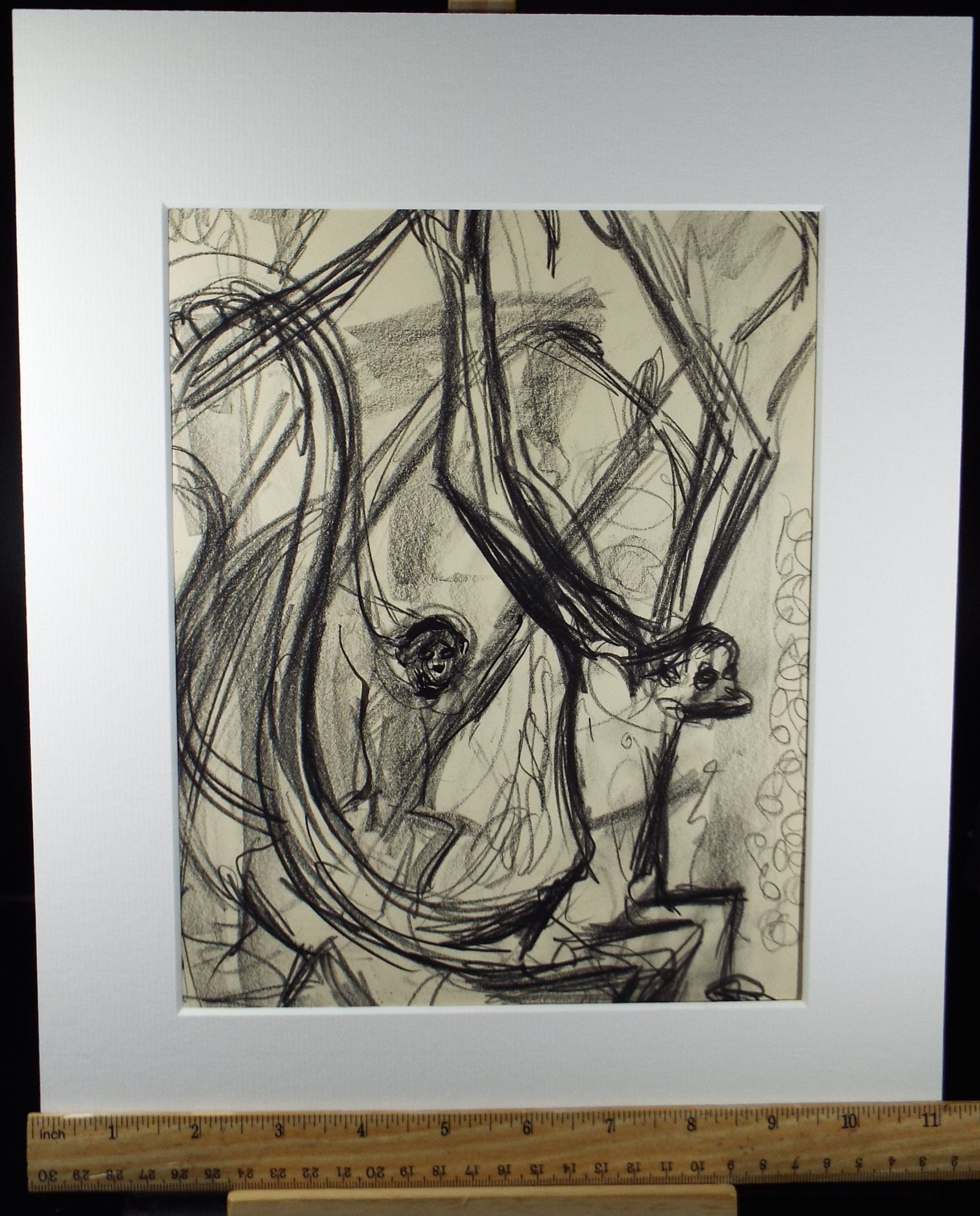 Original Conte Drawing, 'Spider Monkeys', Dated 1950, Henry Saunders (1918-1982)