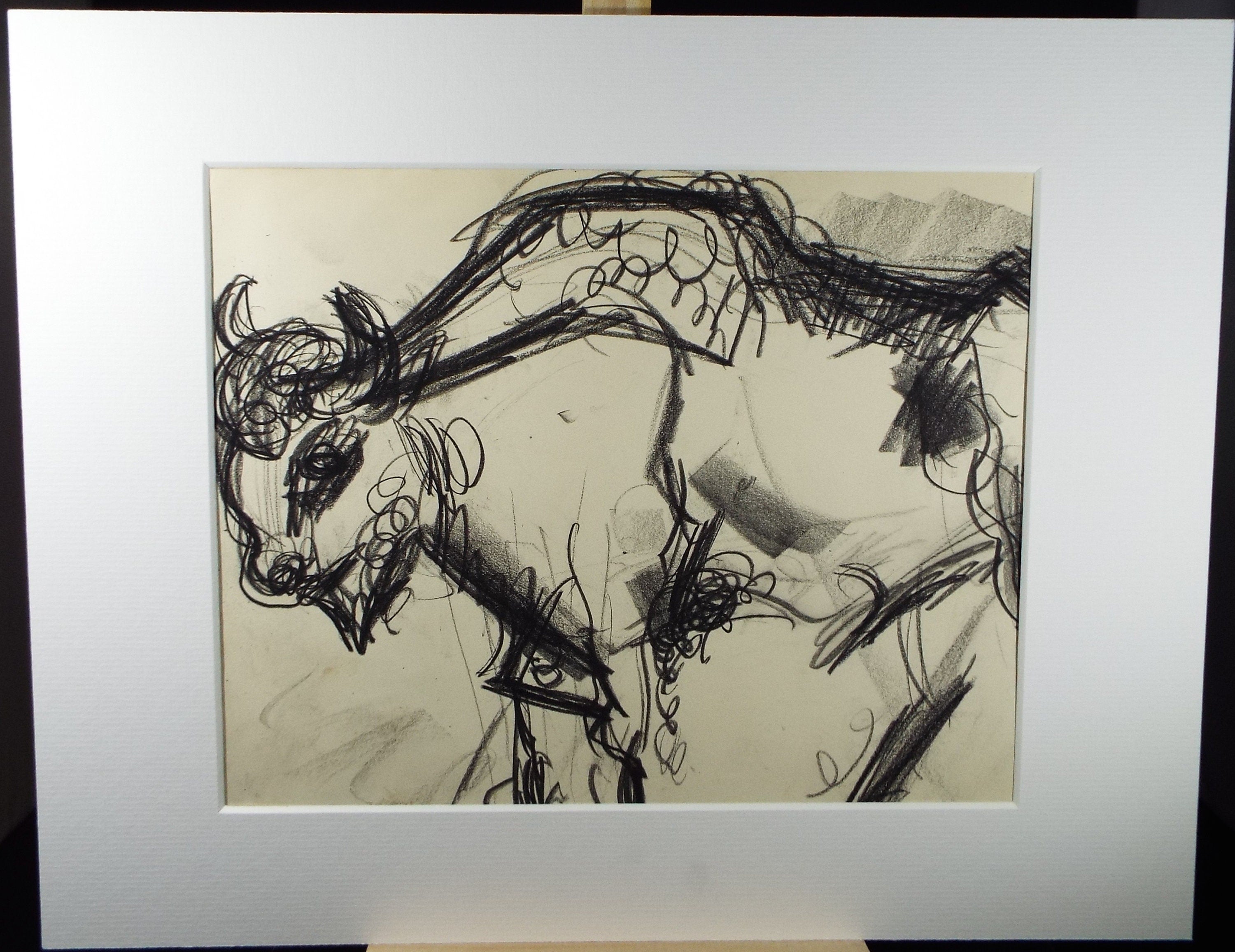 Original Conte Drawing, 'Bison', Dated 1950, Henry Saunders (1918-1982)