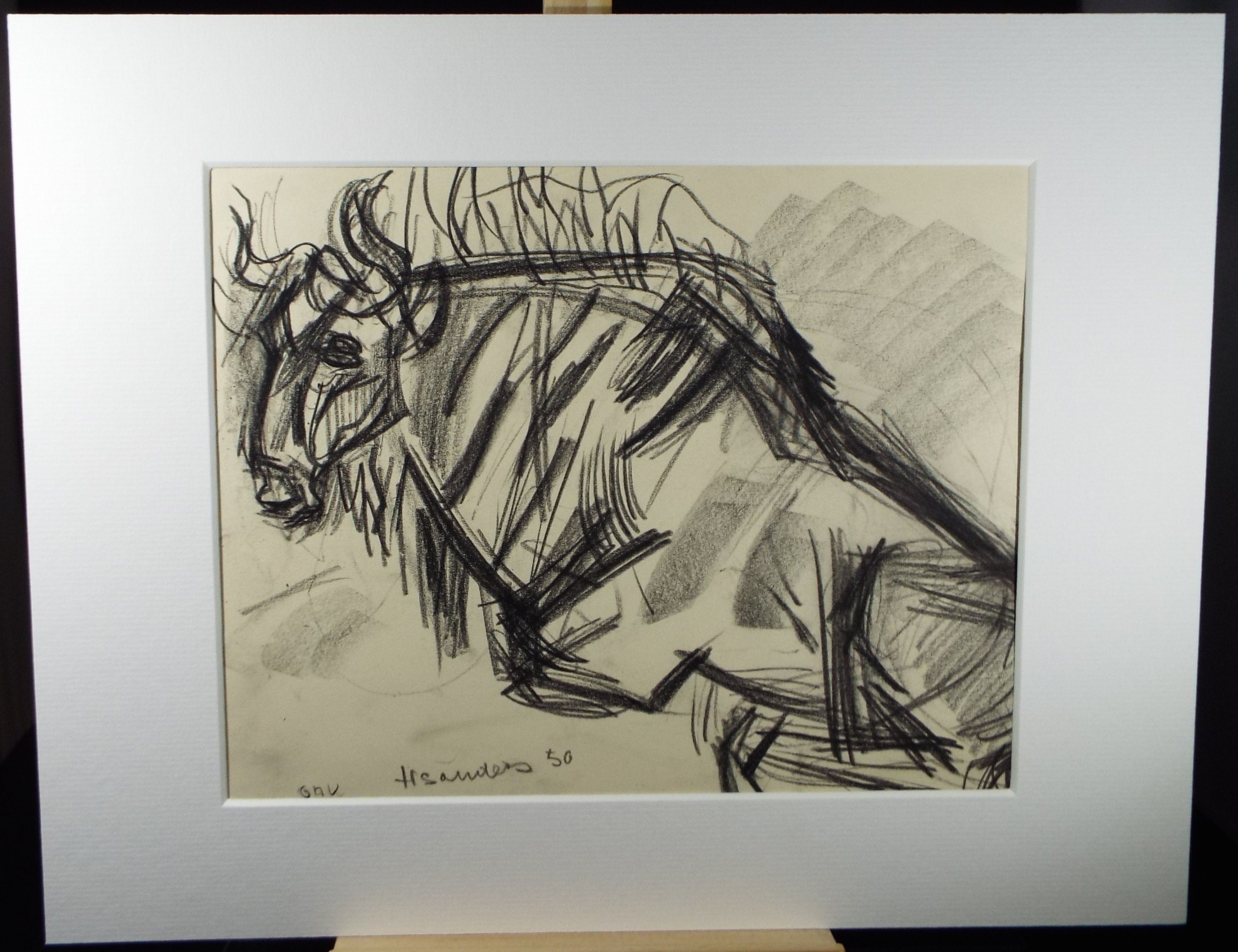 Original Conte Drawing, 'Gnu', Dated 1950, Henry Saunders (1918-1982)