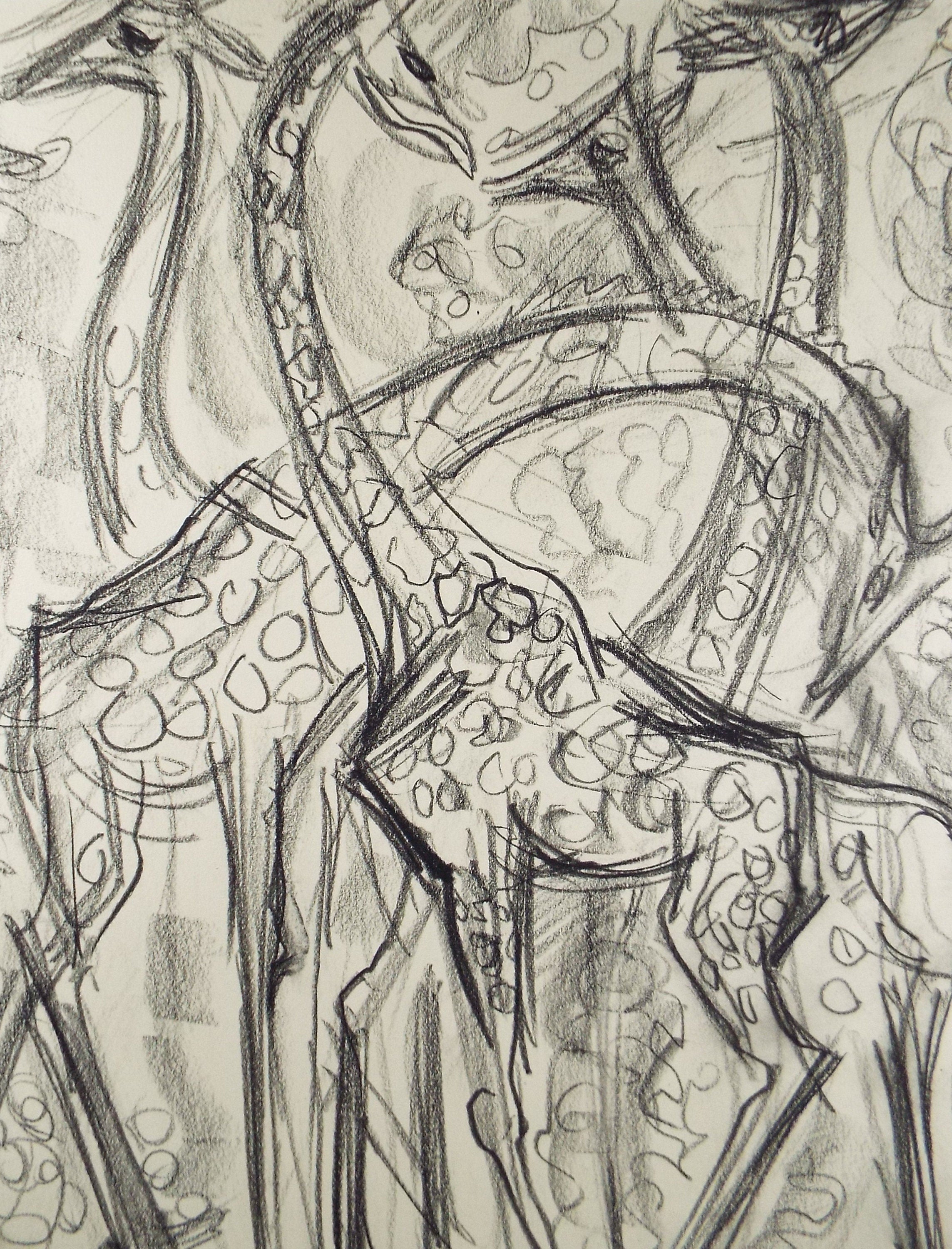 Original Conte Drawing, 'Giraffe', Dated 1950, Henry Saunders (1918-1982)