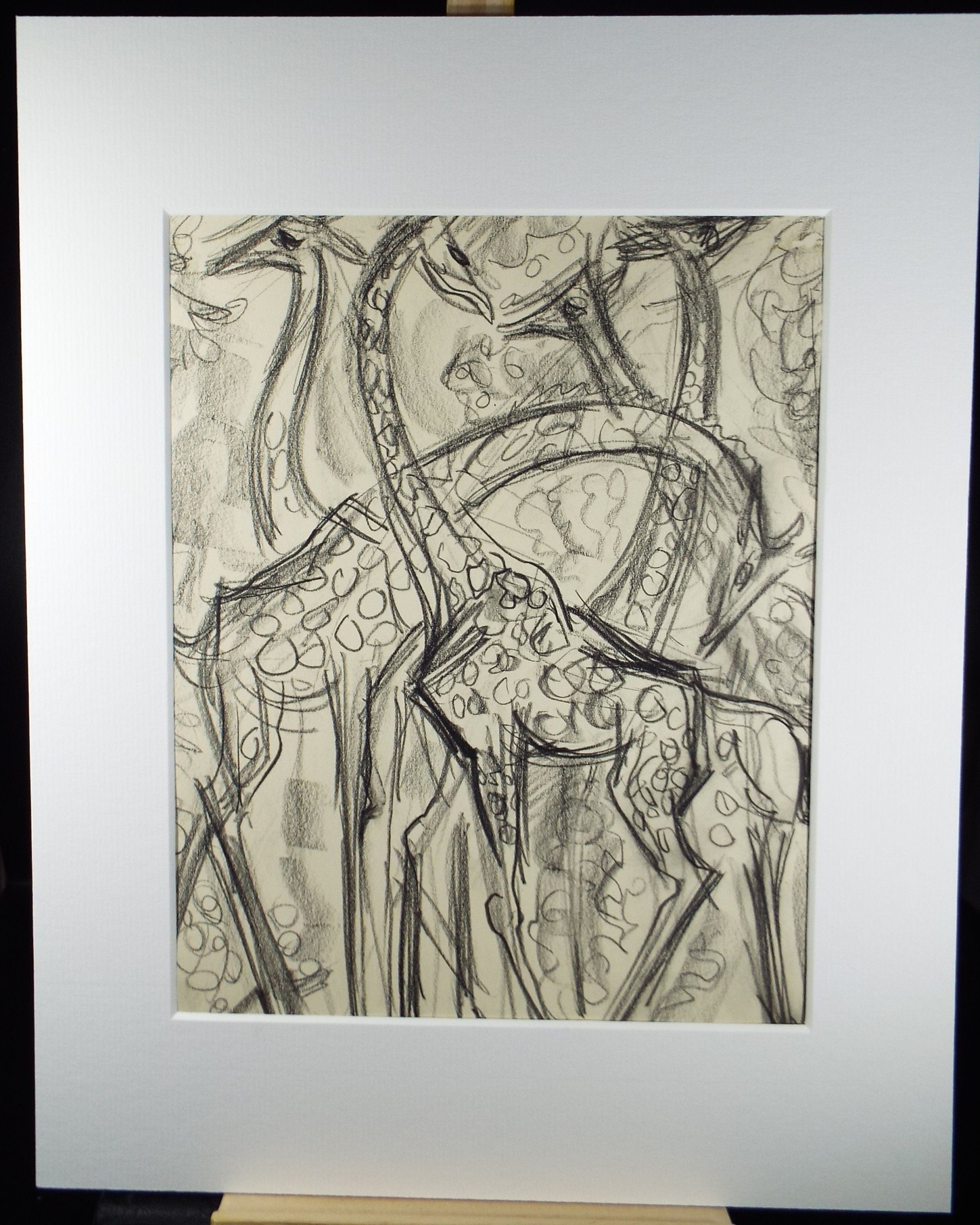 Original Conte Drawing, 'Giraffe', Dated 1950, Henry Saunders (1918-1982)