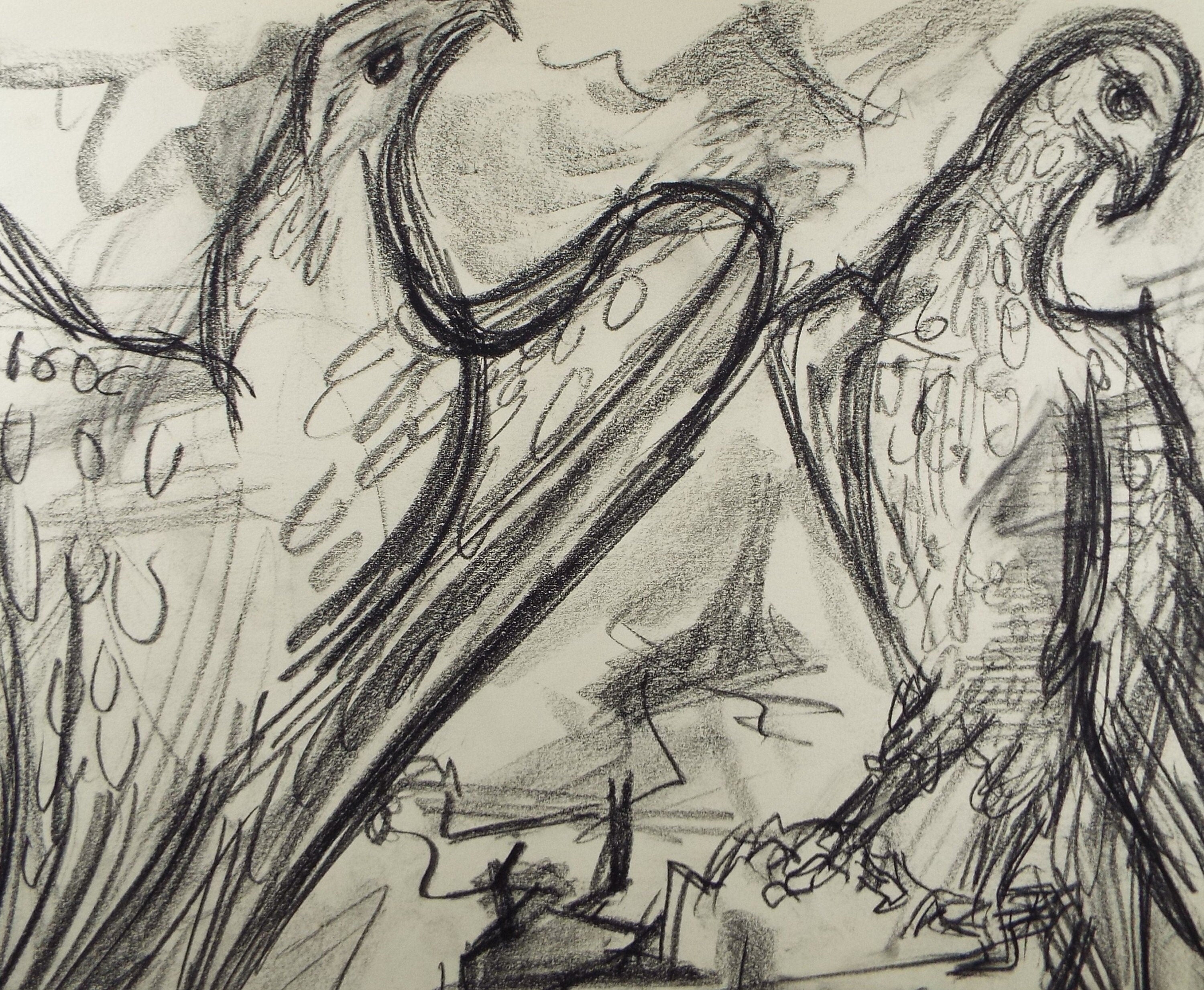 Original Conte Drawing, 'Eagles', Dated 1950, Henry Saunders (1918-1982)