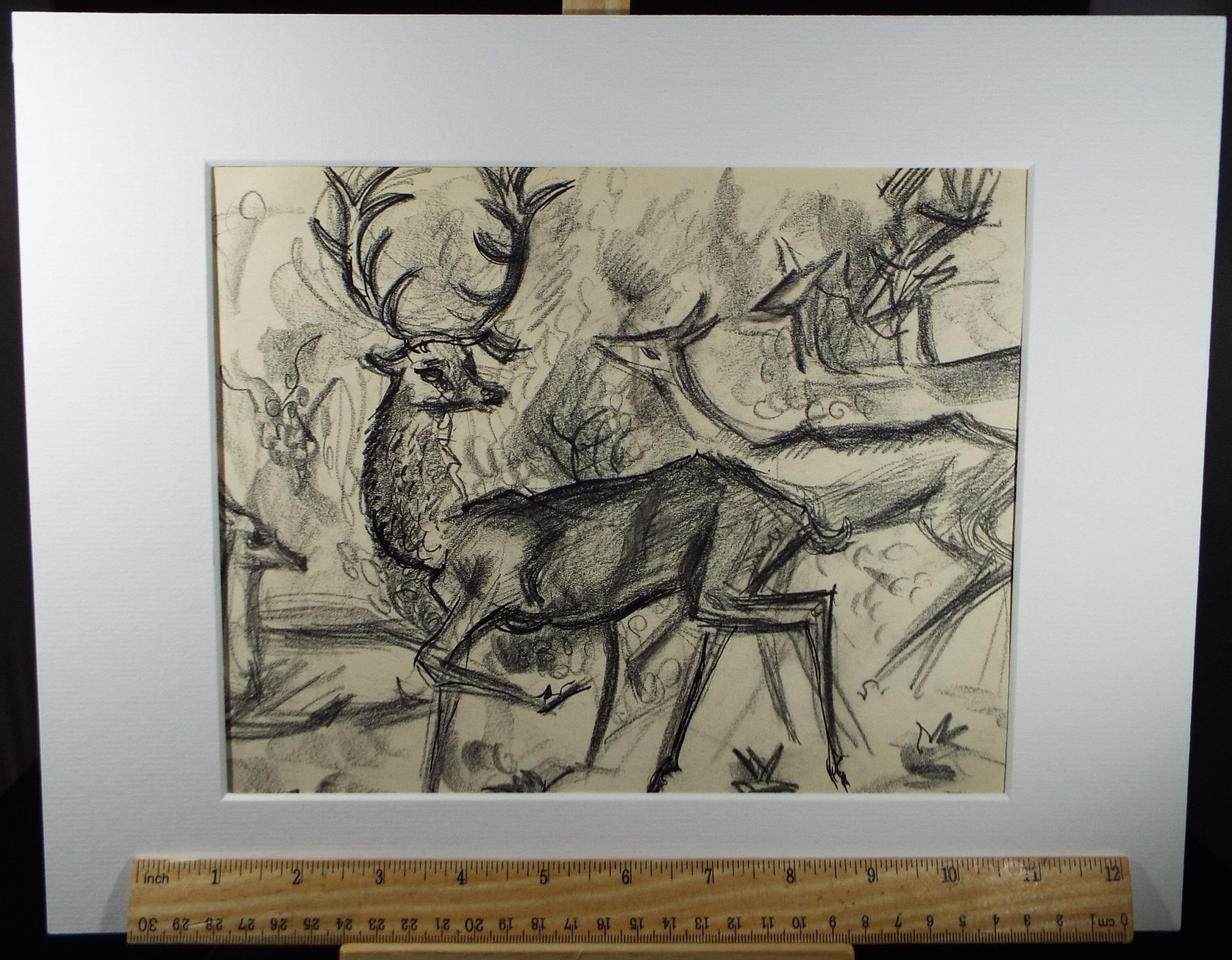 Original Conte Drawing, 'Red Deer', Dated 1950, Henry Saunders (1918-1982)