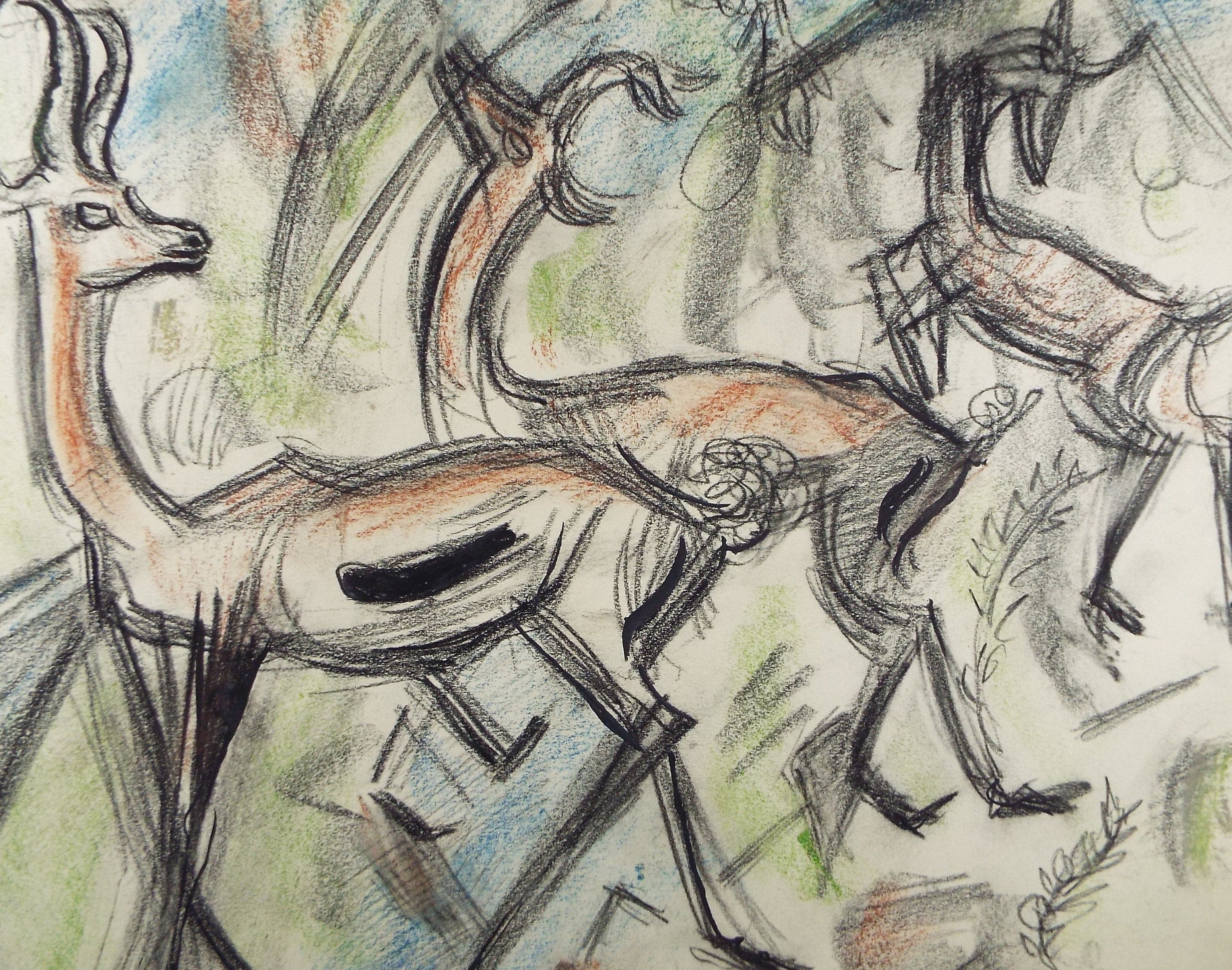 Original Conte Drawing, 'Gazelles', Dated 1950, Henry Saunders (1918-1982)