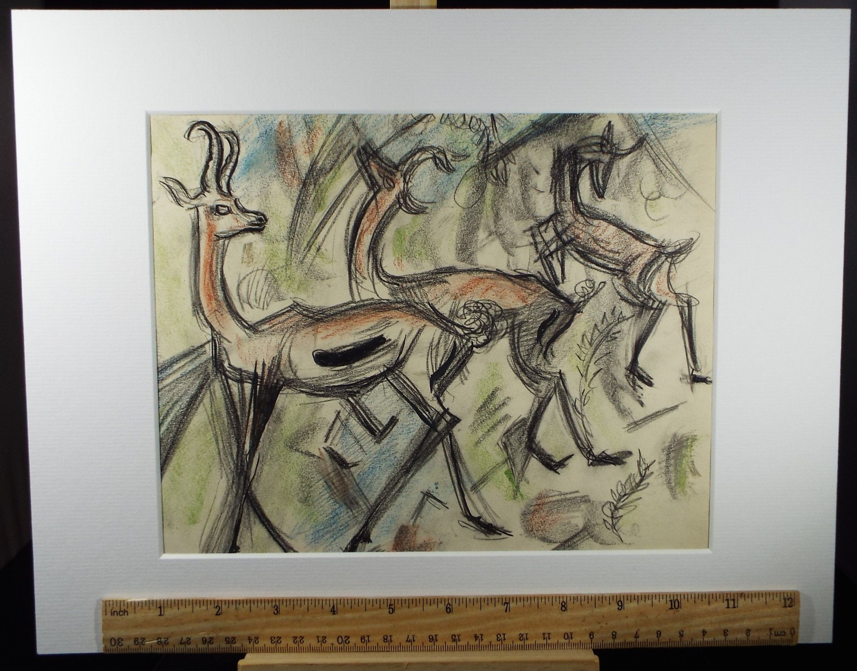 Original Conte Drawing, 'Gazelles', Dated 1950, Henry Saunders (1918-1982)