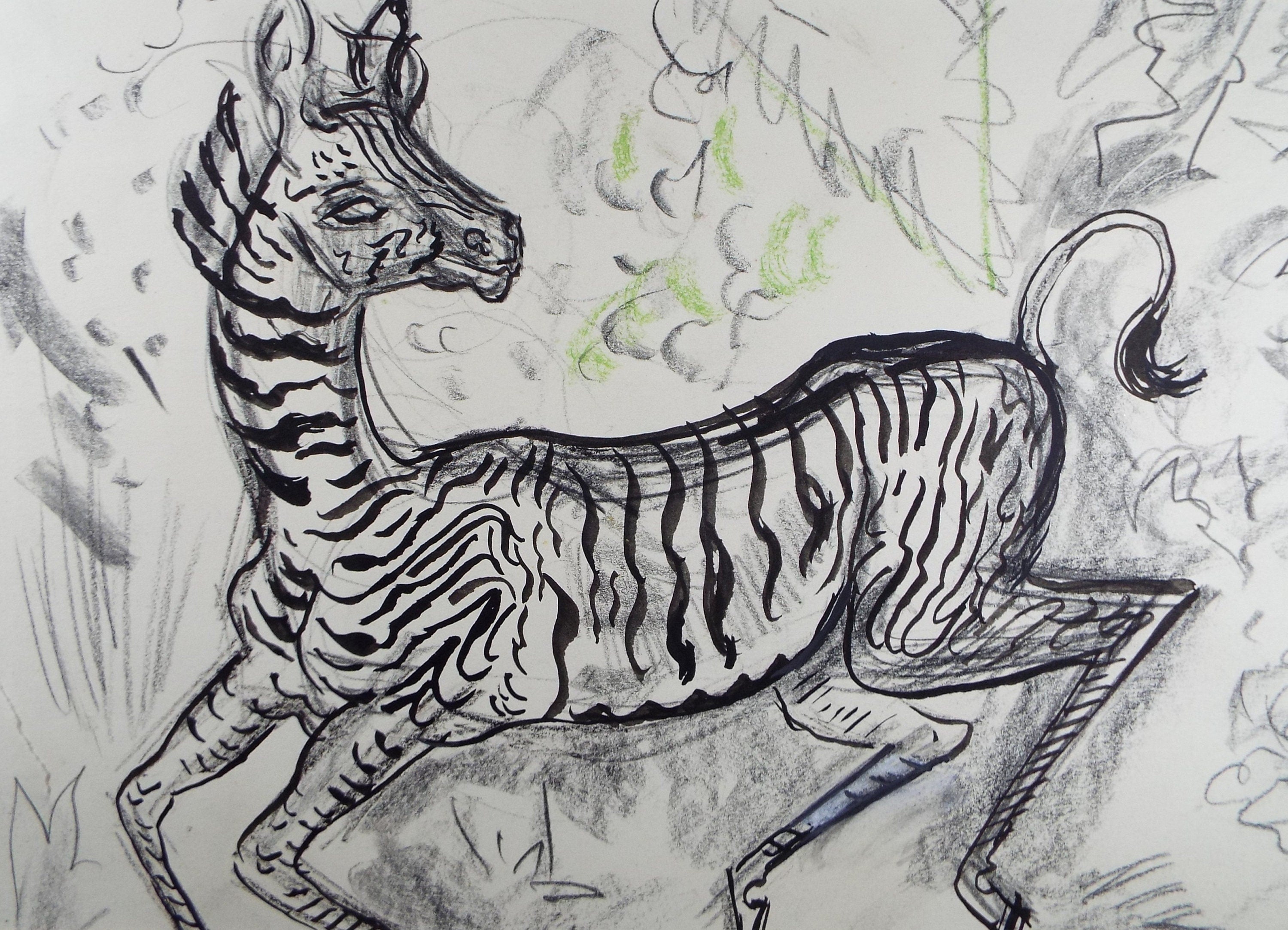 Original Conte & Ink Drawing, 'Zebra', Dated 1950, Henry Saunders (1918-1982)