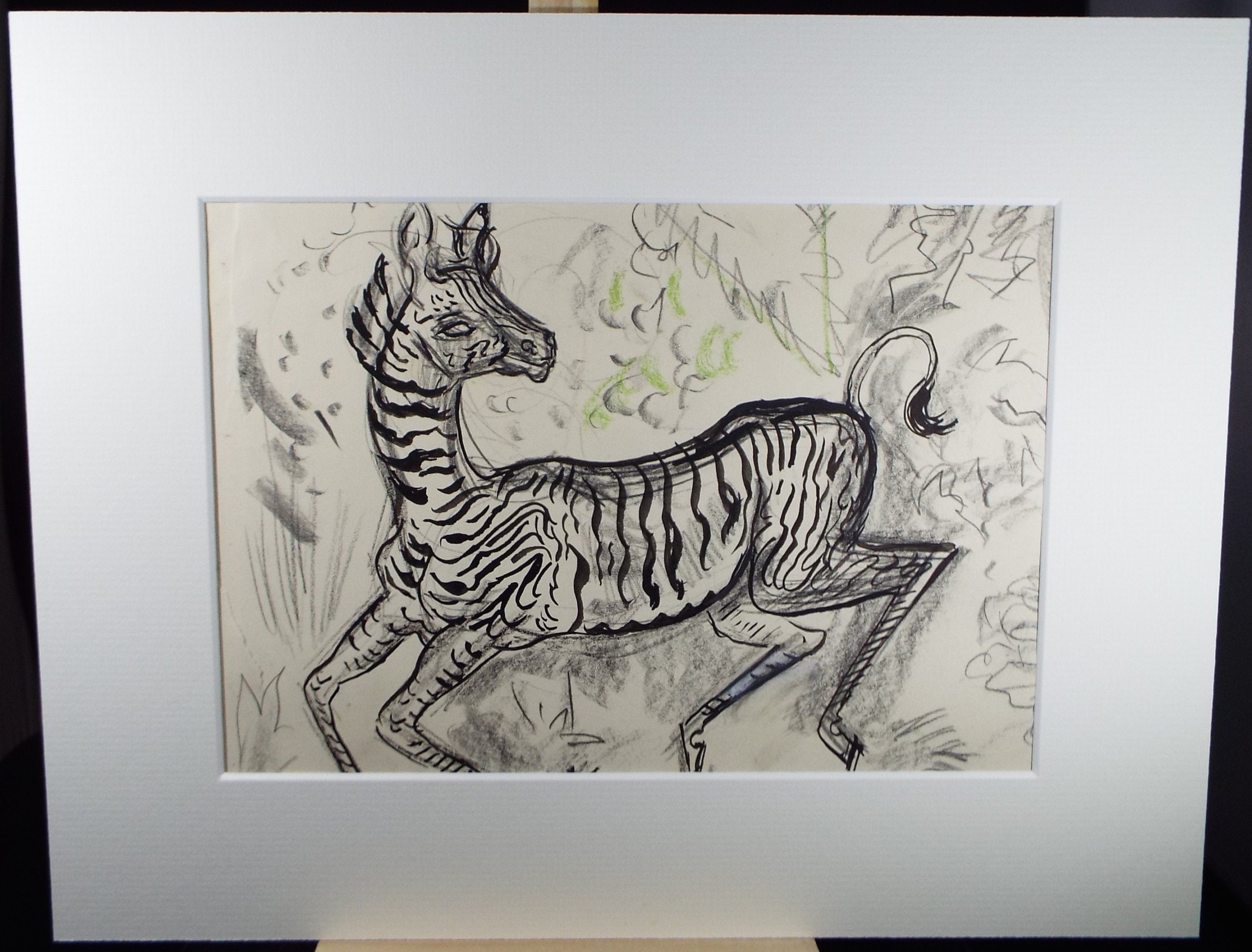 Original Conte & Ink Drawing, 'Zebra', Dated 1950, Henry Saunders (1918-1982)