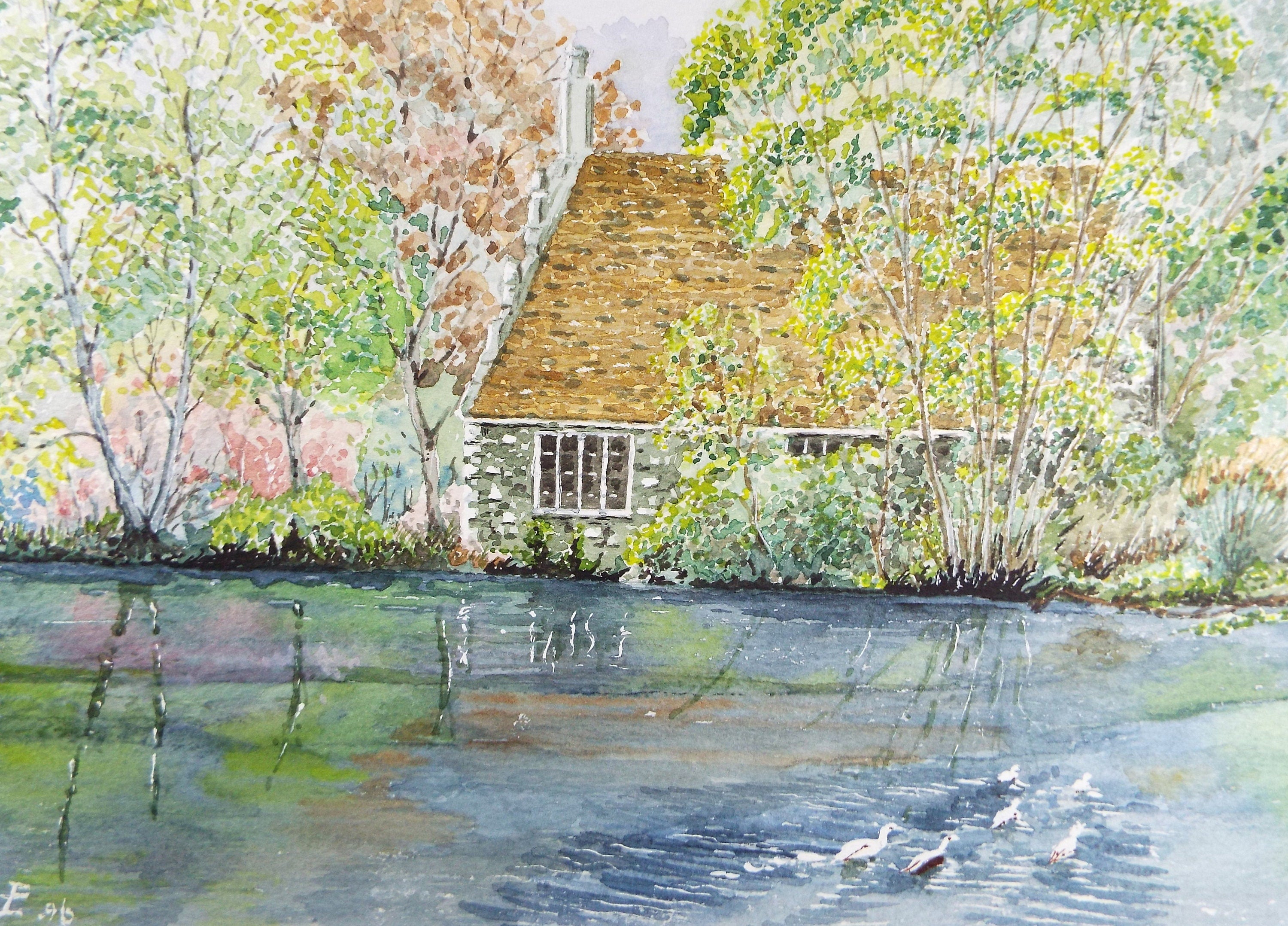 Original Watercolour, 'Boat House on the river', Circa 1990's, Monogram PL