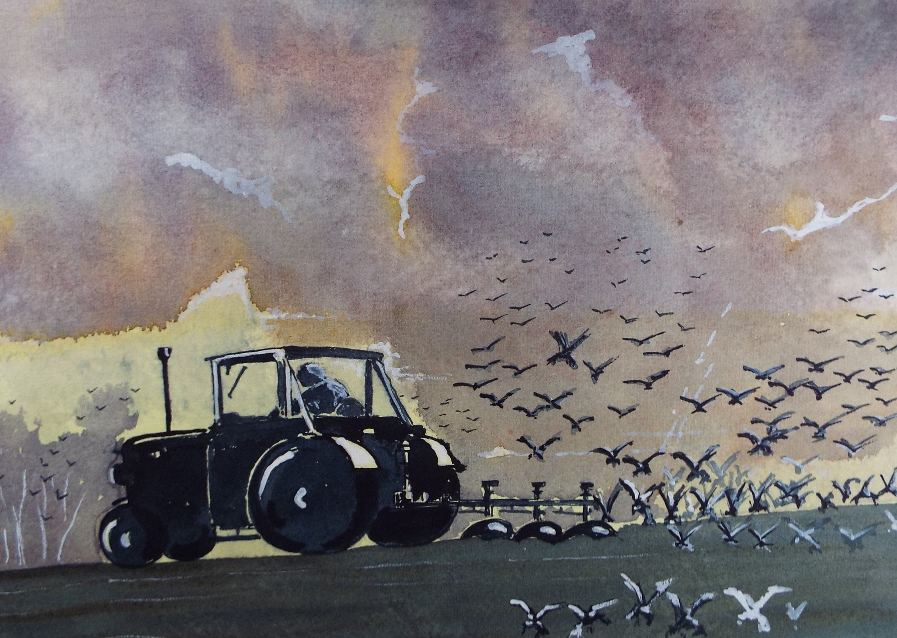 Original Watercolour, 'Field Ploughing' 1990's , Artist Unknown