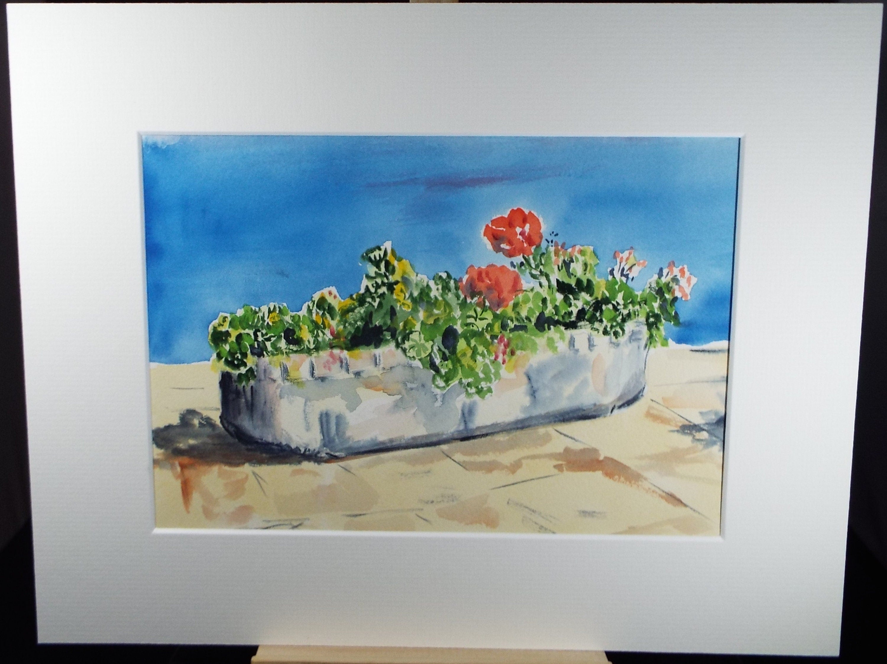 Original Watercolour, 'Pelargoiniums in a trough', Circa 1990's , Artist unknown