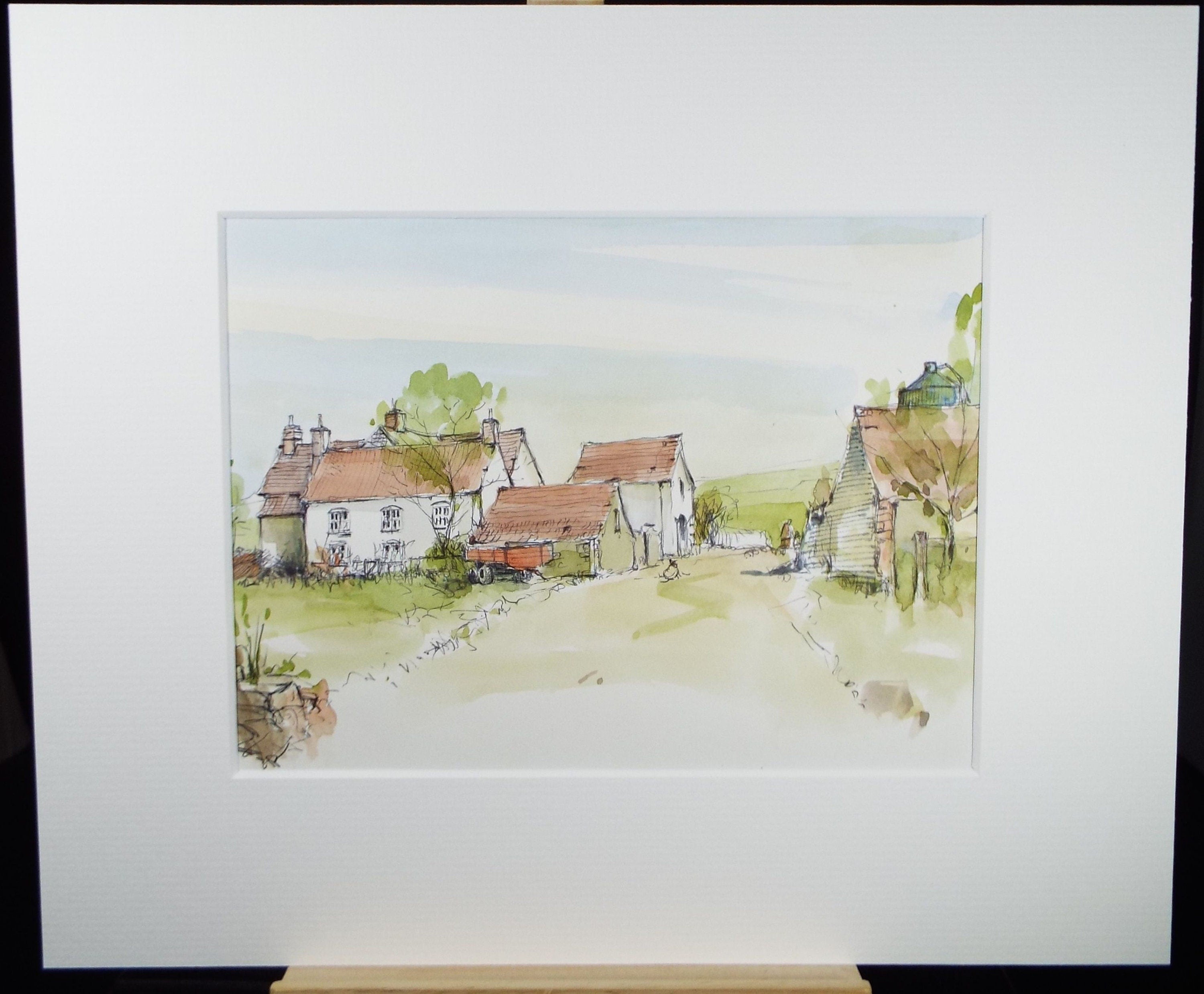 Original Watercolour & Ink, 'Farm Buildings', c1990's, Artist Unknown