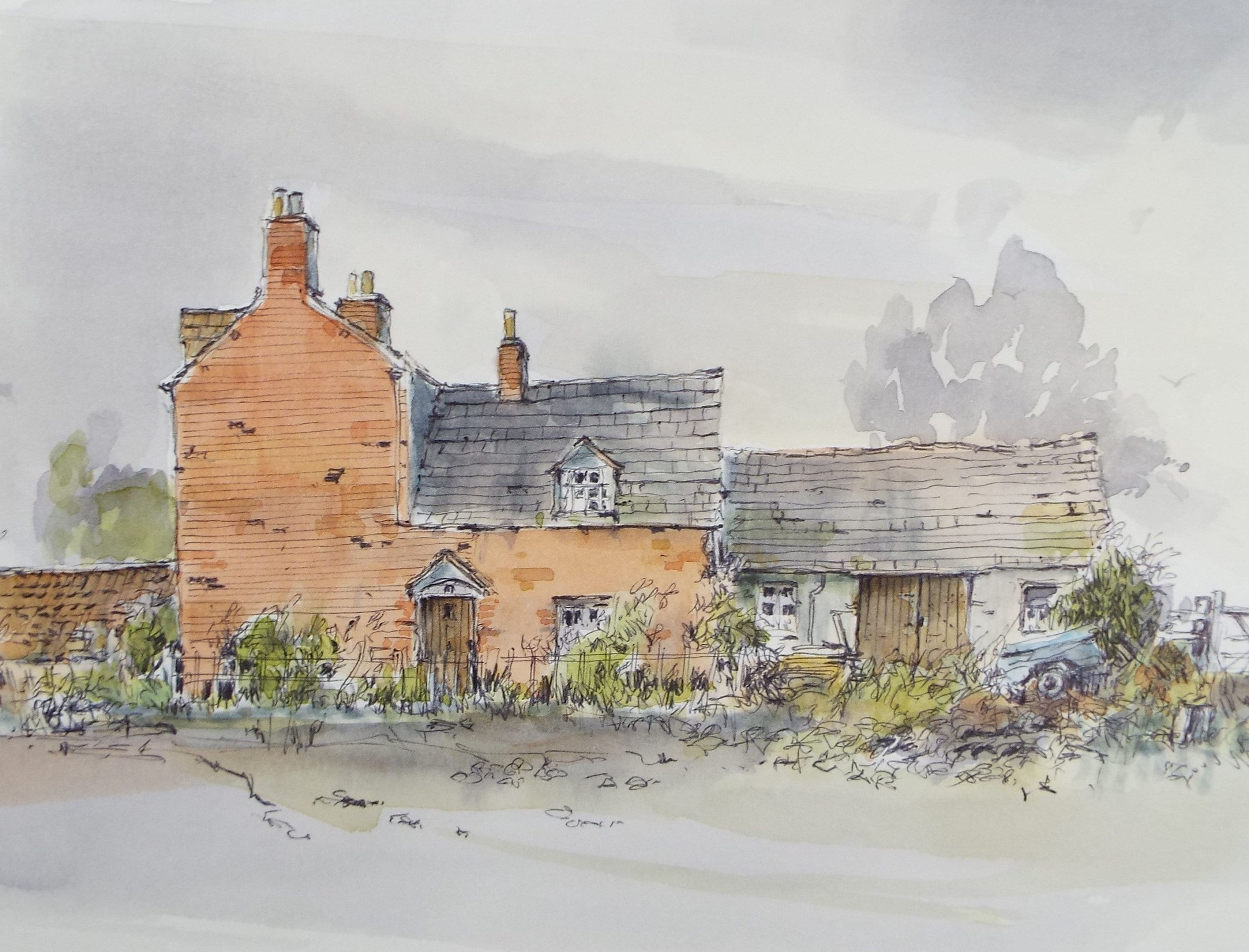 Original Watercolour & Ink, 'Gossington, Gloucestershire', Dated 1995, Artist Unknown