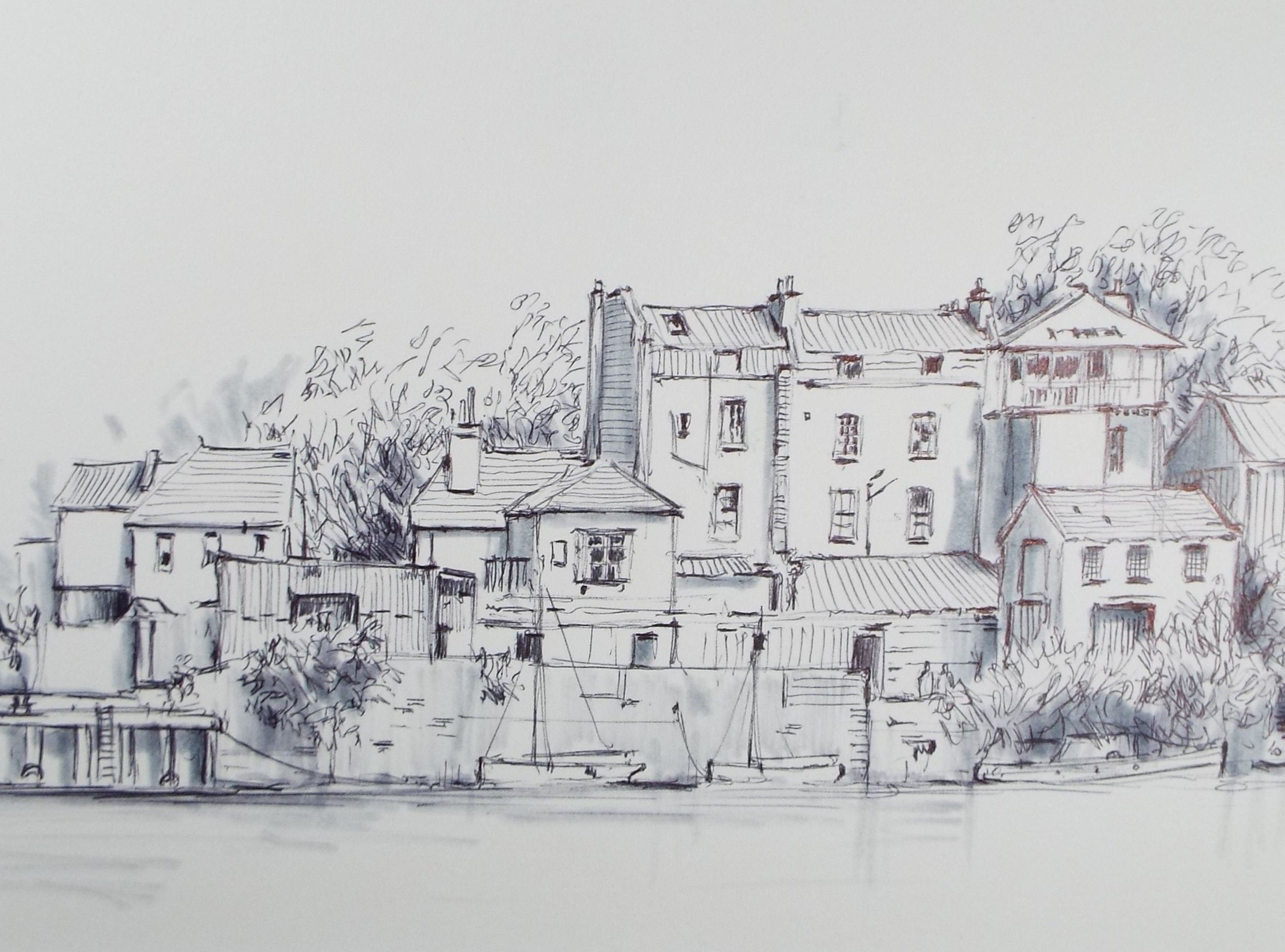 Original Watercolour & Ink, 'Quayside Buildings', Dated 1993, Artist Unknown