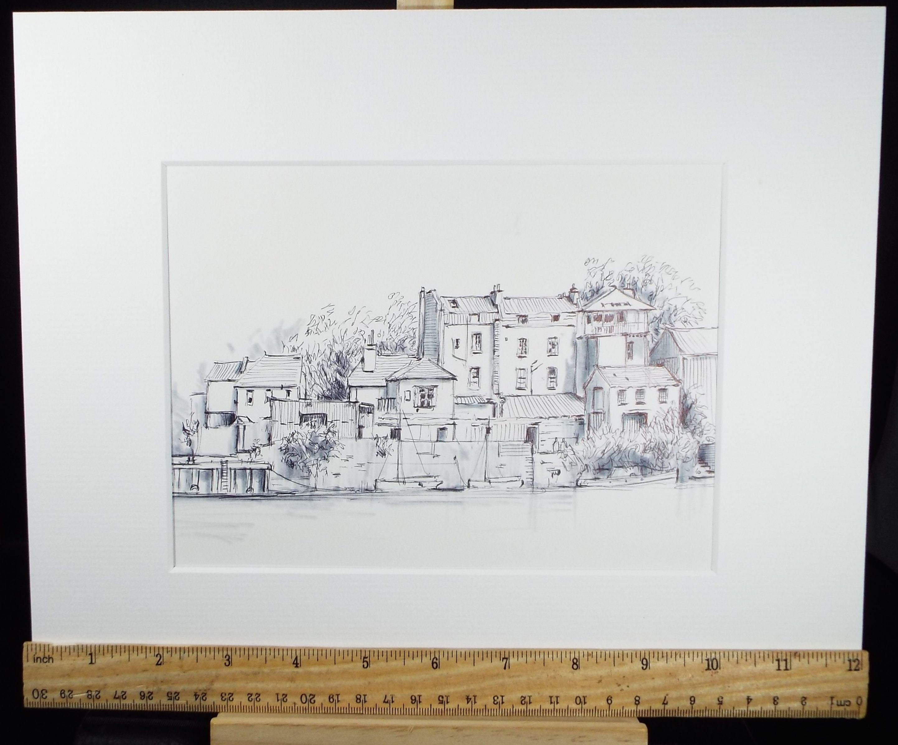 Original Watercolour & Ink, 'Quayside Buildings', Dated 1993, Artist Unknown