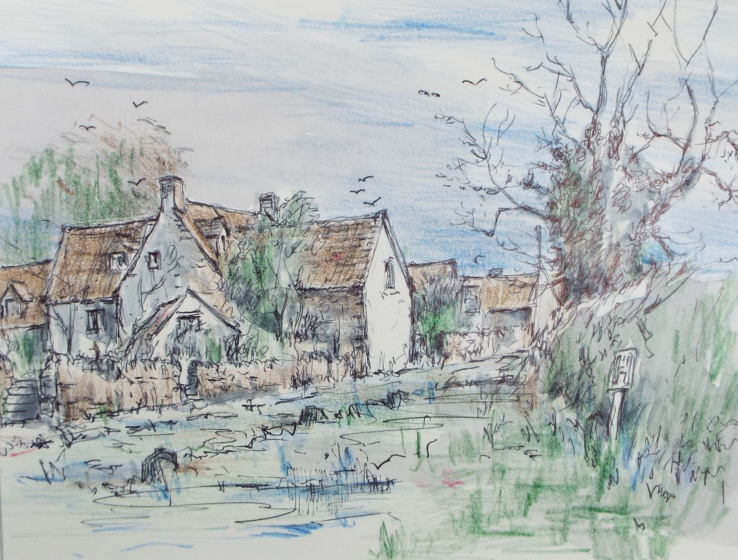 Original Pencil Drawing 'Littleton/Oldbury on Severn', Dated 1988, Artist Unknown