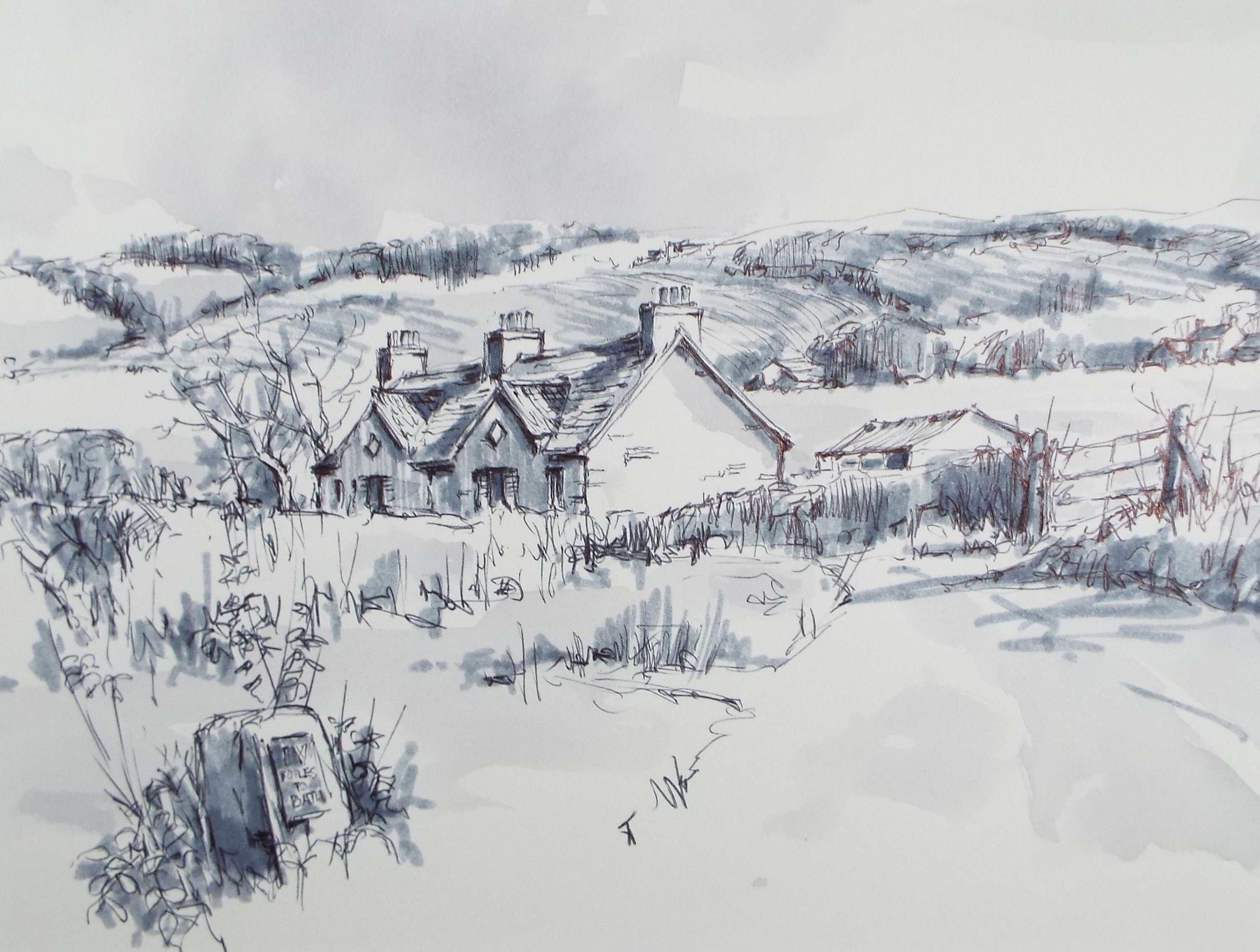 Original Watercolour & Ink, 'Cottage in the Hills', Circa 1990's, Artist Unknown