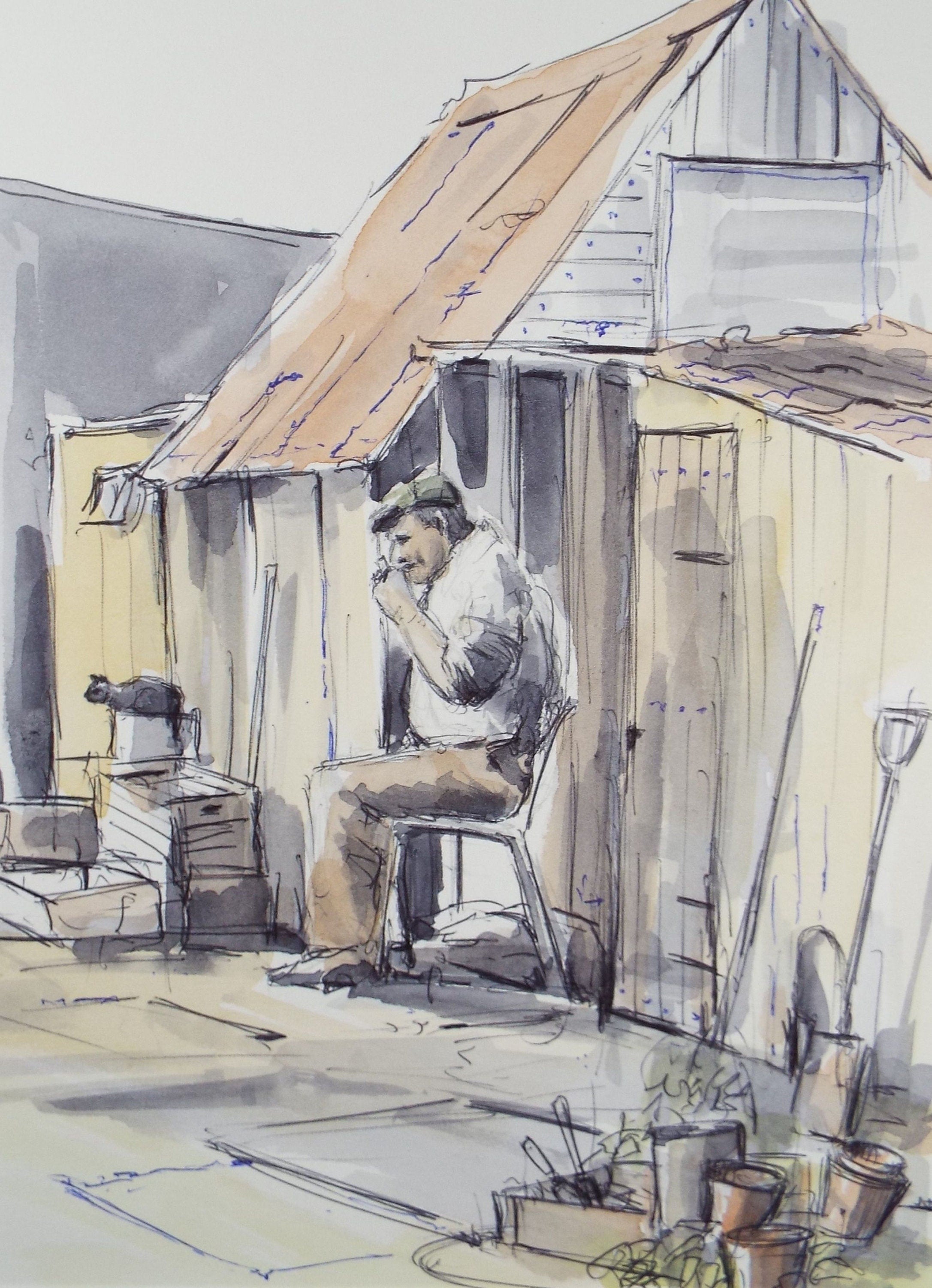 Original Watercolour & Ink, 'Gloucestershire Man', Circa 1990's, Artist Unknown