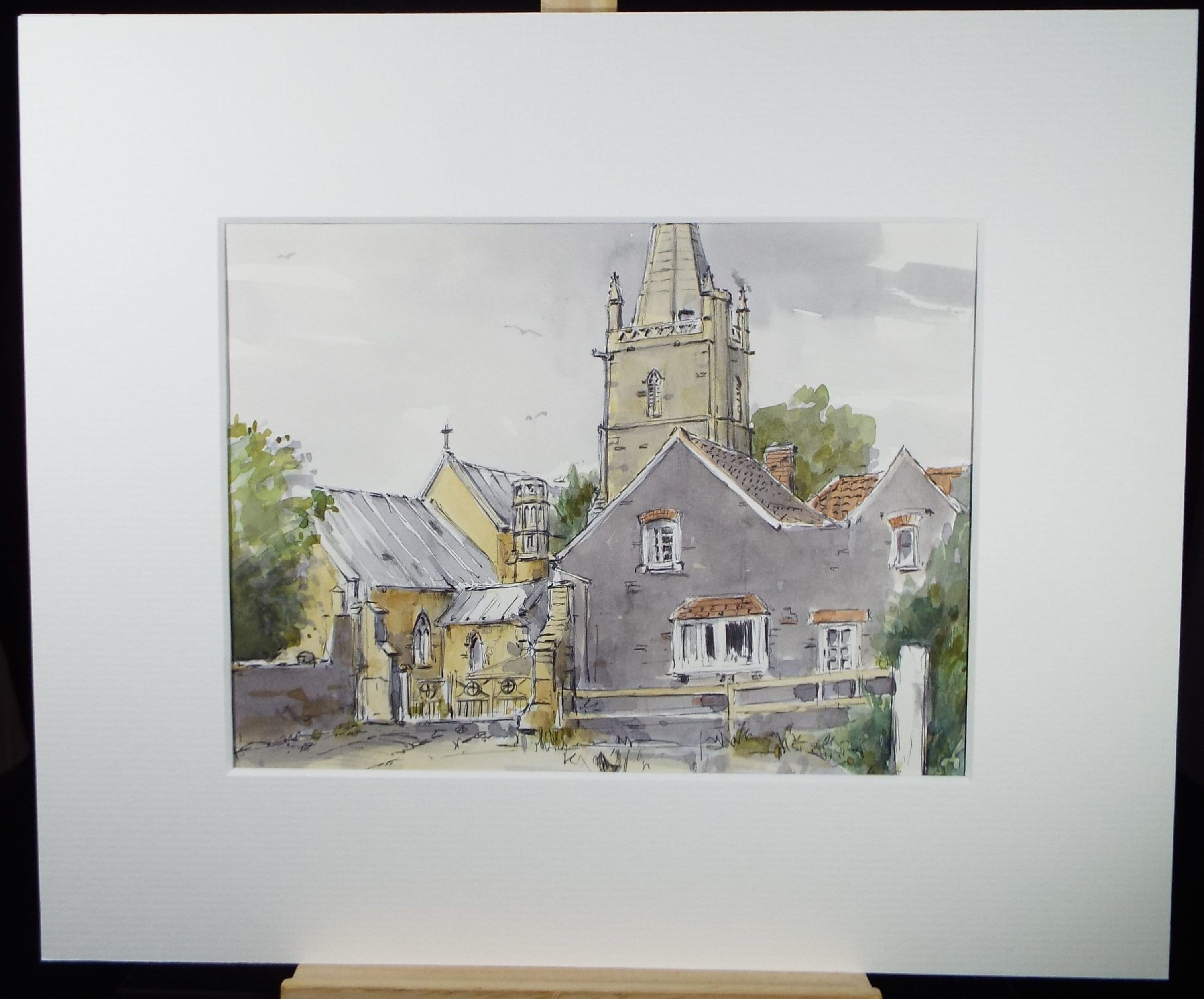 Original Watercolour & Ink, St Mary's, East Brent', Circa 1990's, Artist Unknown