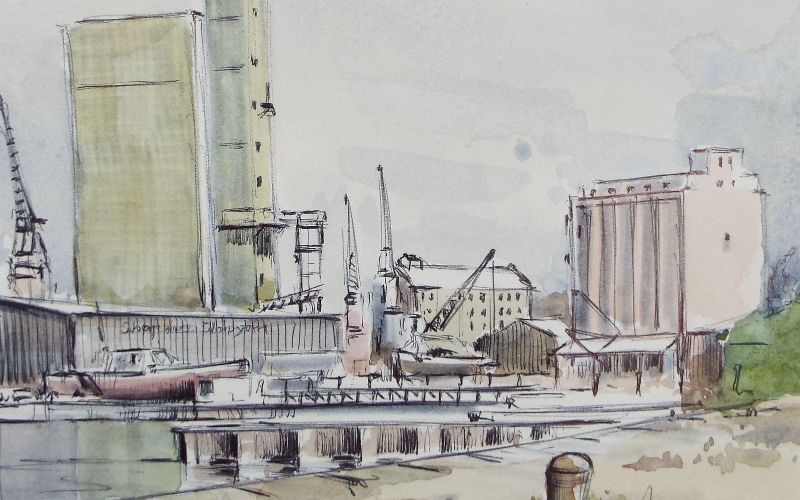 Original Watercolour & Ink, 'Sharpness Docks', Dated 1994, Artist Unknown