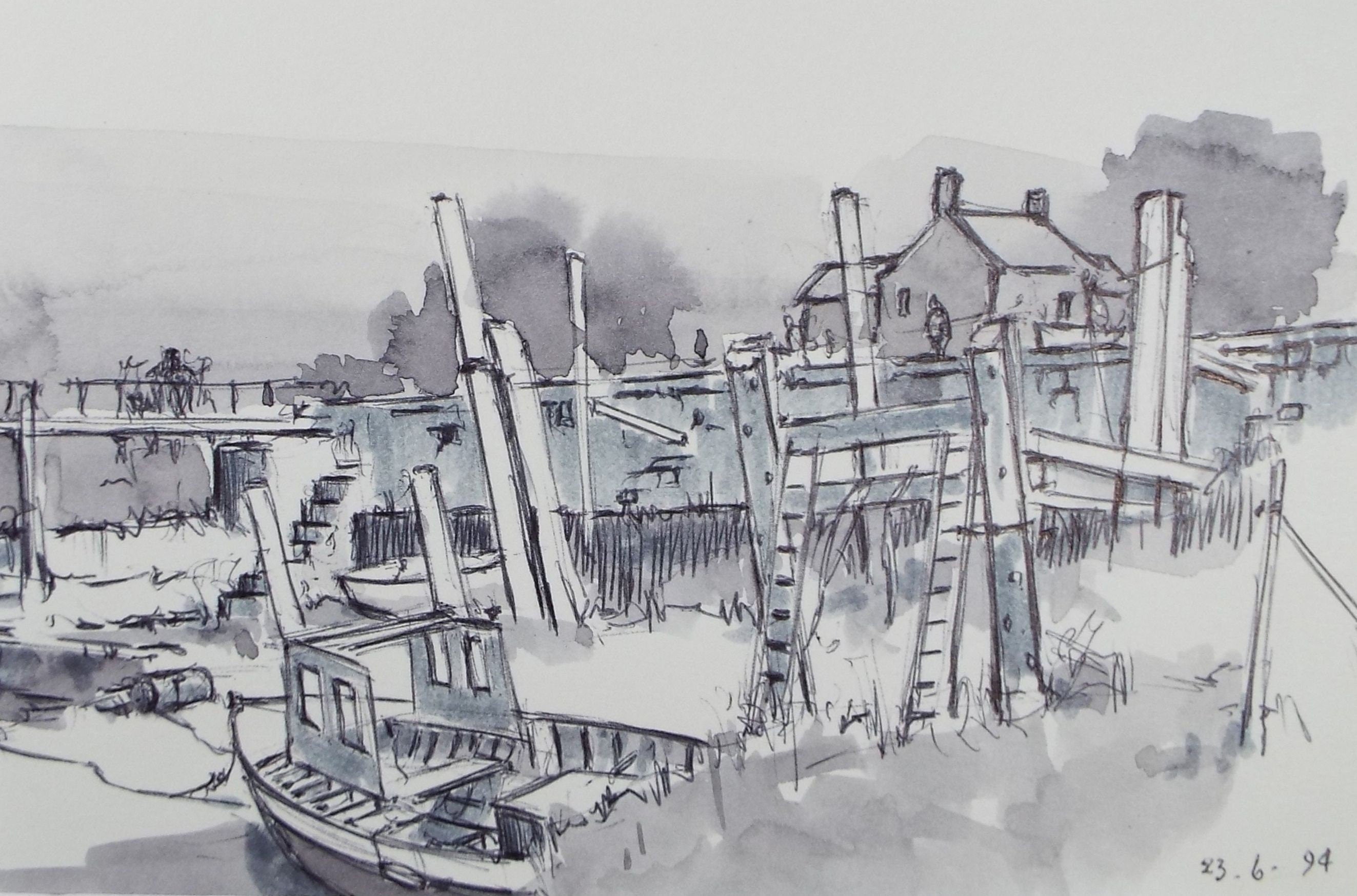 Original Watercolour & Ink, 'The Boatyard', Dated 1994, Artist Unknown