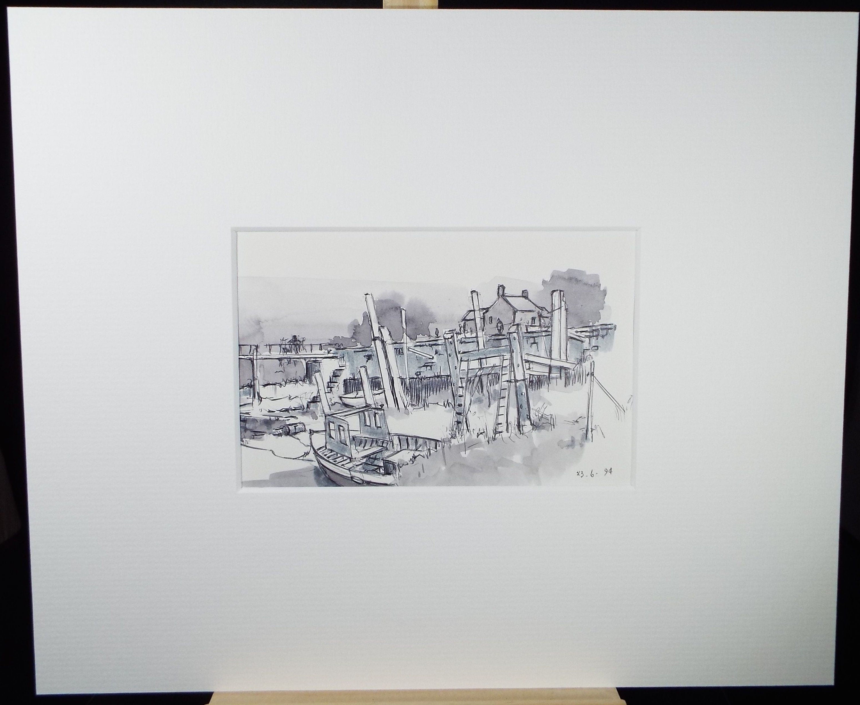 Original Watercolour & Ink, 'The Boatyard', Dated 1994, Artist Unknown