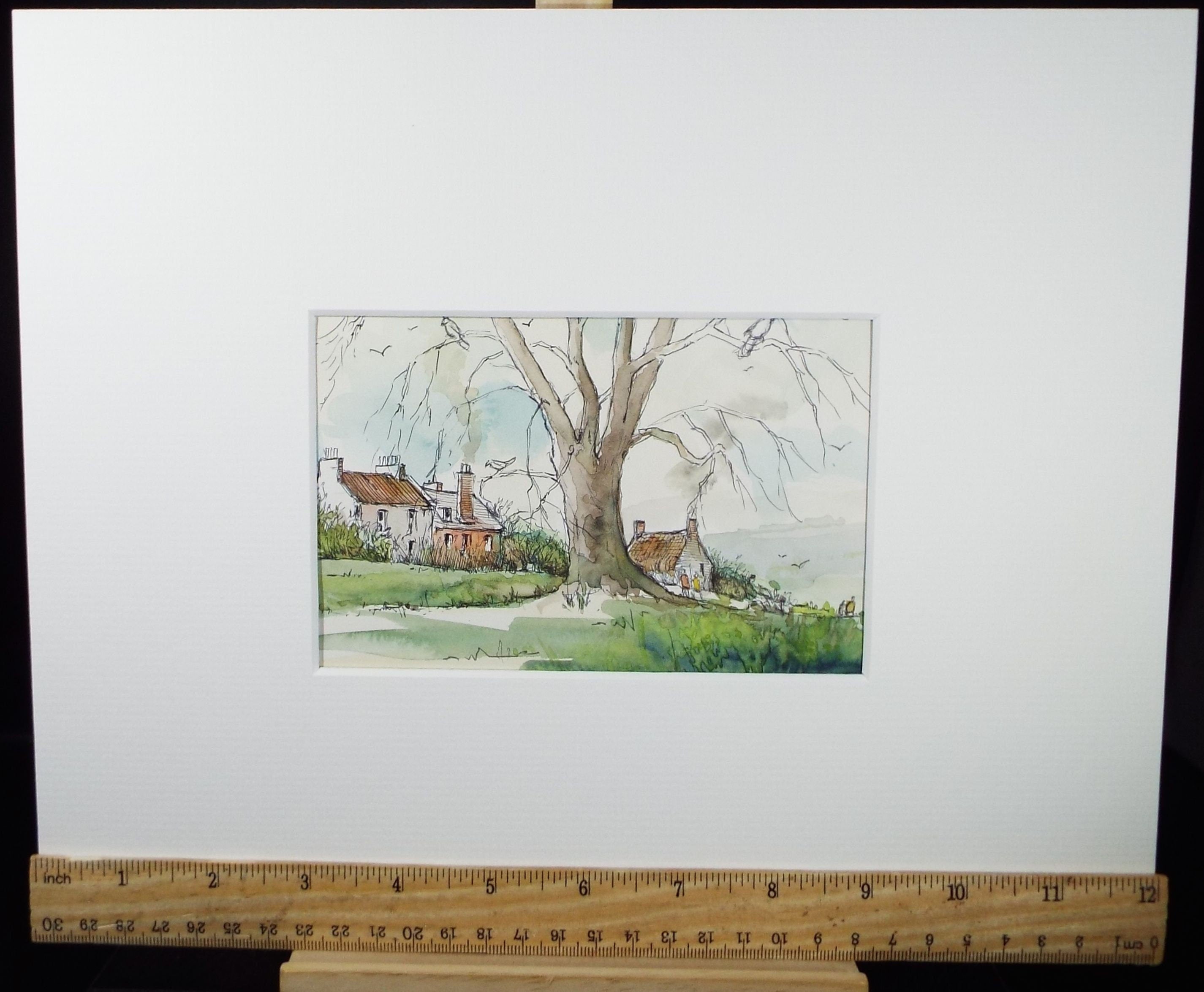 Original Watercolour & Ink, 'Tree and Cottages', Circa 1990's, Artist Unknown