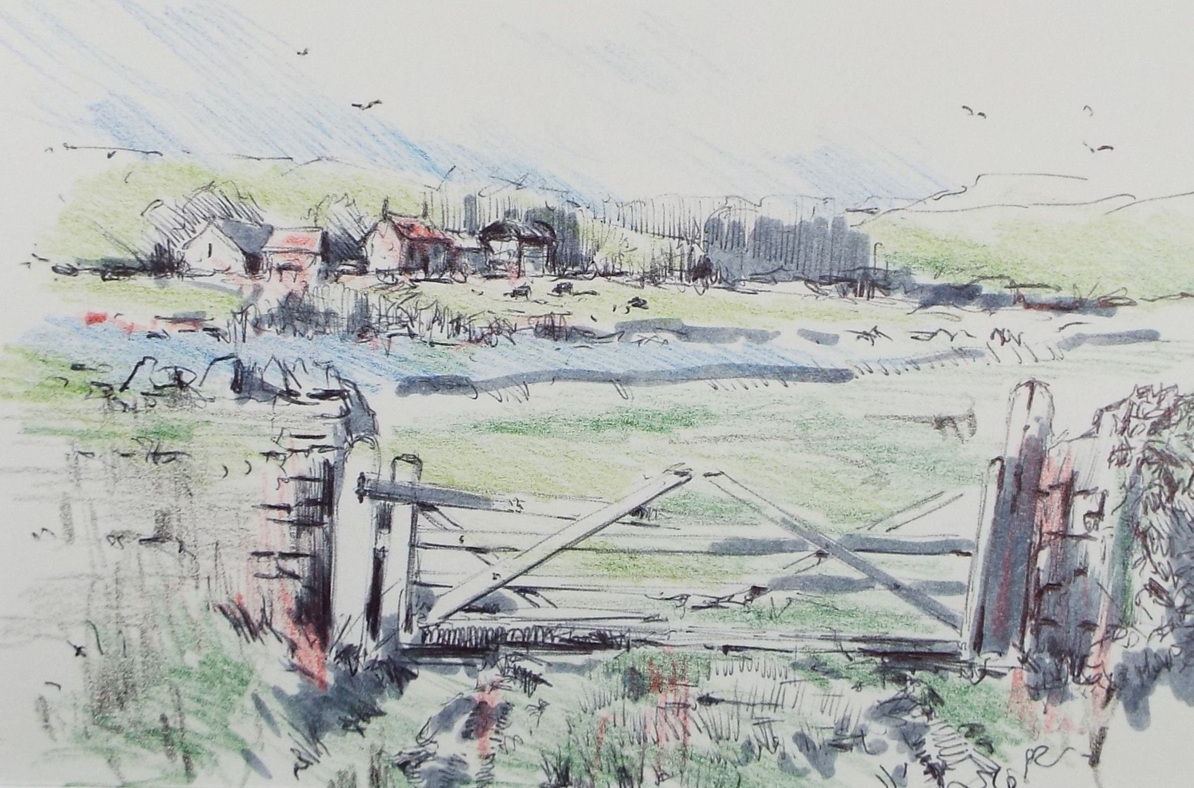 Original Watercolour & Ink, 'Field Gate, Farm Beyond', Dated 1994, Artist Unknown