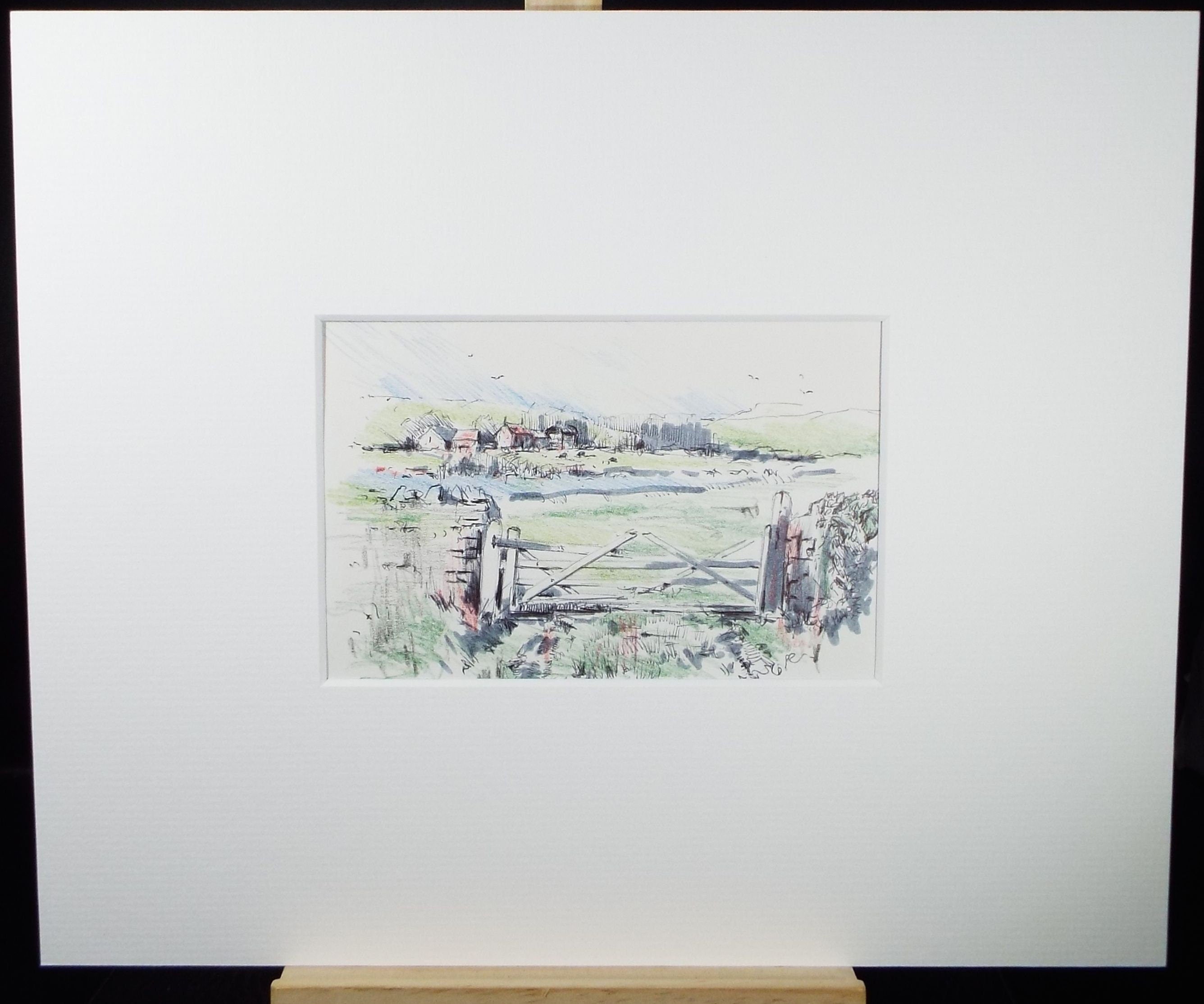 Original Watercolour & Ink, 'Field Gate, Farm Beyond', Dated 1994, Artist Unknown