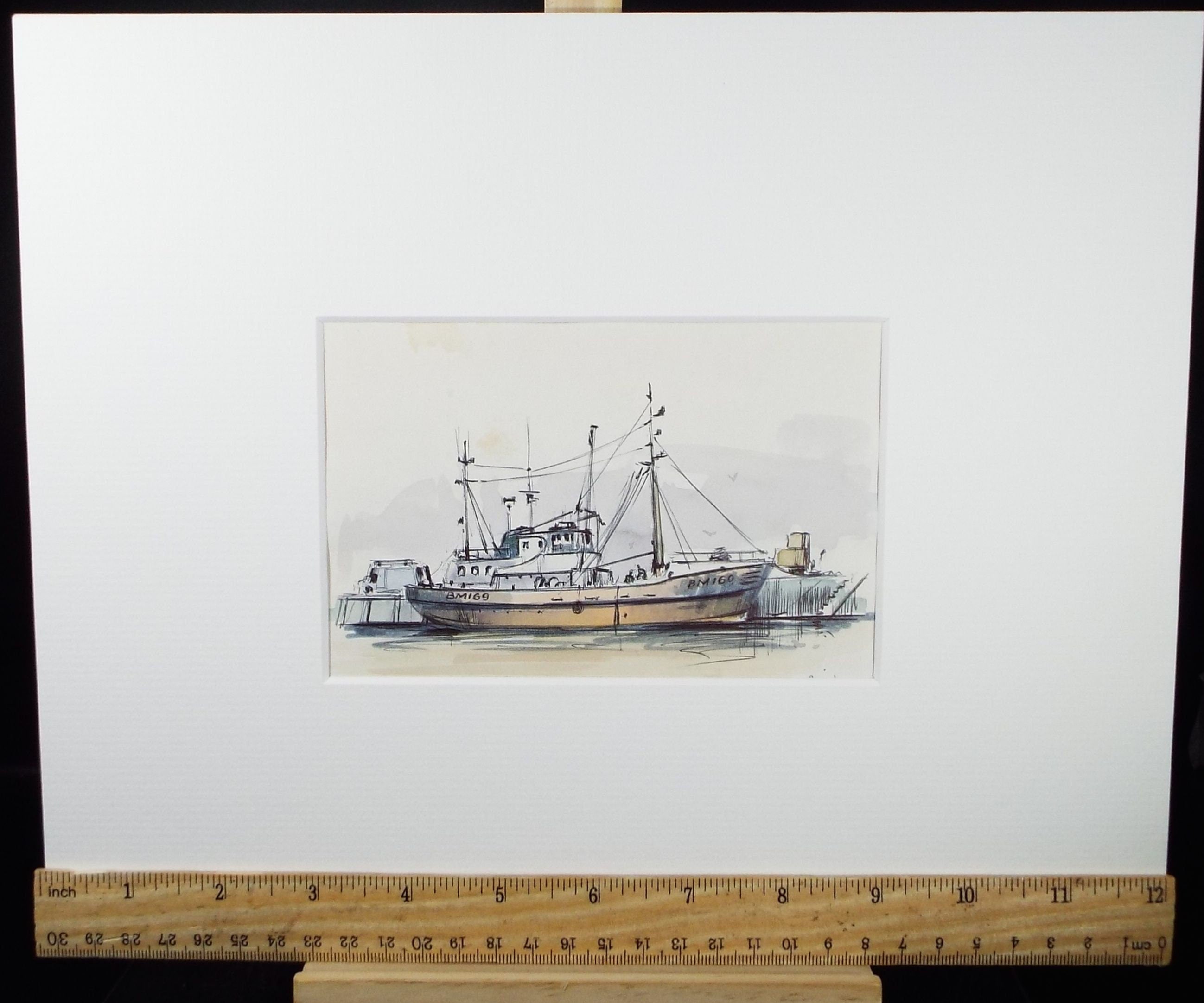 Original Watercolour & Ink, 'Rusty Trawler, Brixham', Dated 1993,  Artist Unknown