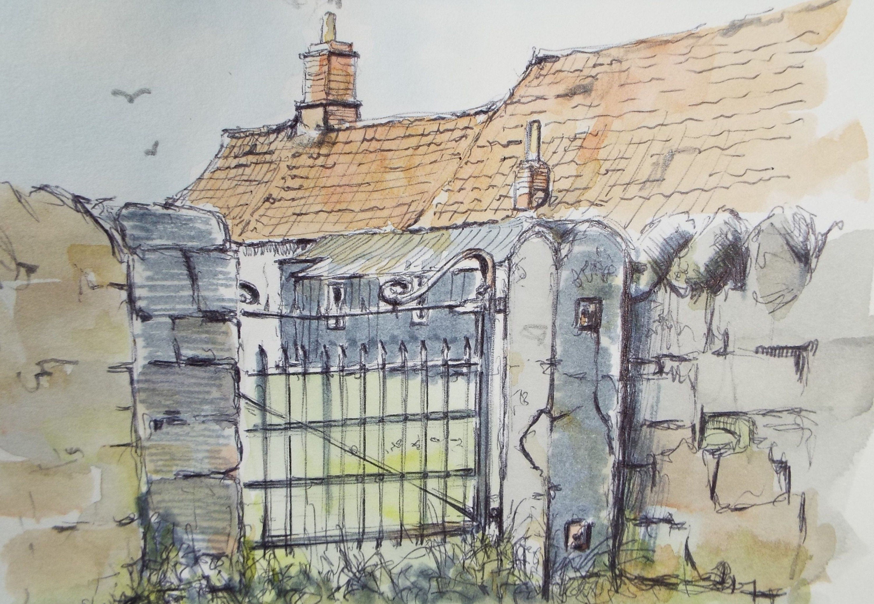 Original Watercolour & Ink, 'School Gate - Littleton on Severn', Circa 1990's, Artist Unknown